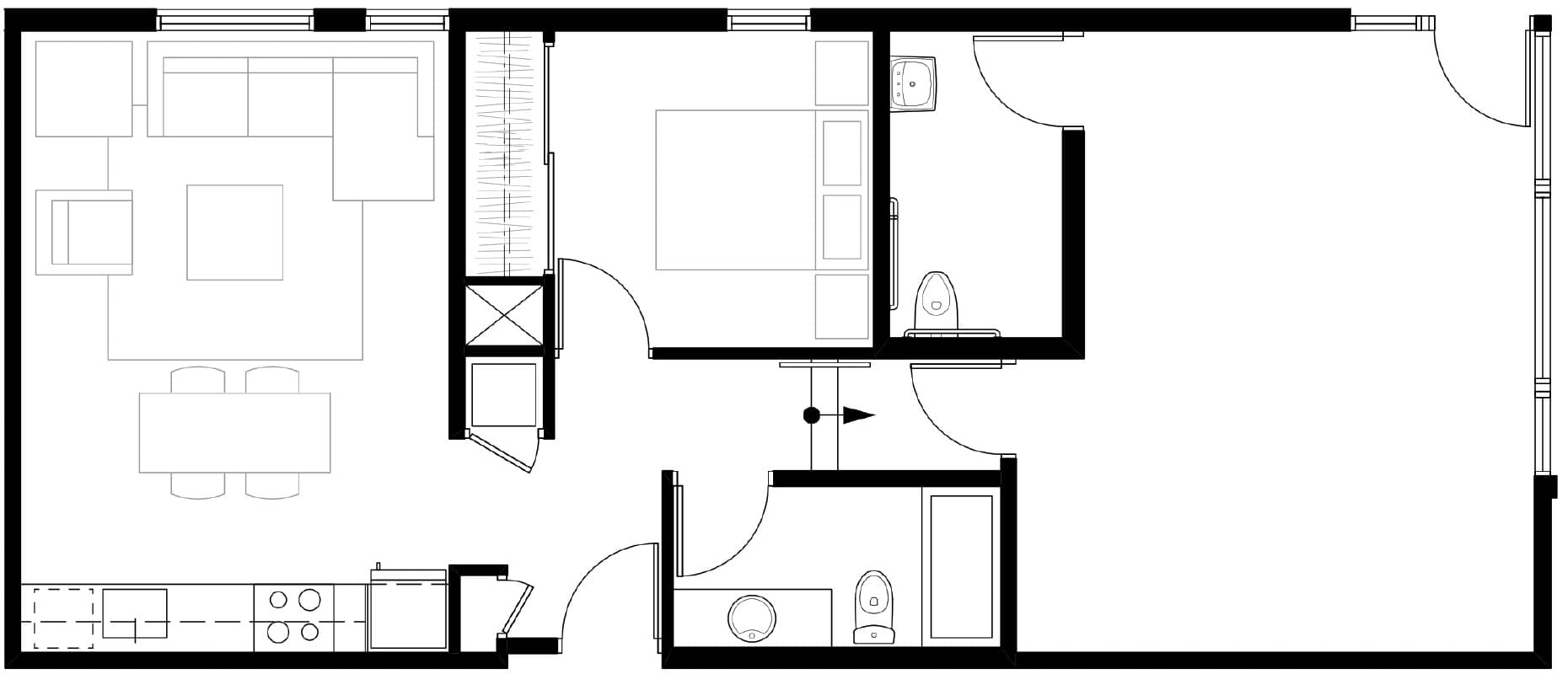 Modern 2D floor plan featuring a spacious open living and dining area, a stylish kitchen, one bedroom, and a bathroom with contemporary amenities.