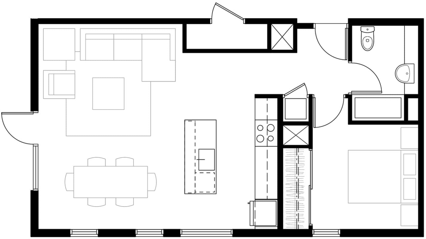 Contemporary apartment floor plan showcasing open-concept living and dining area, stylish kitchen, and a spacious bathroom.