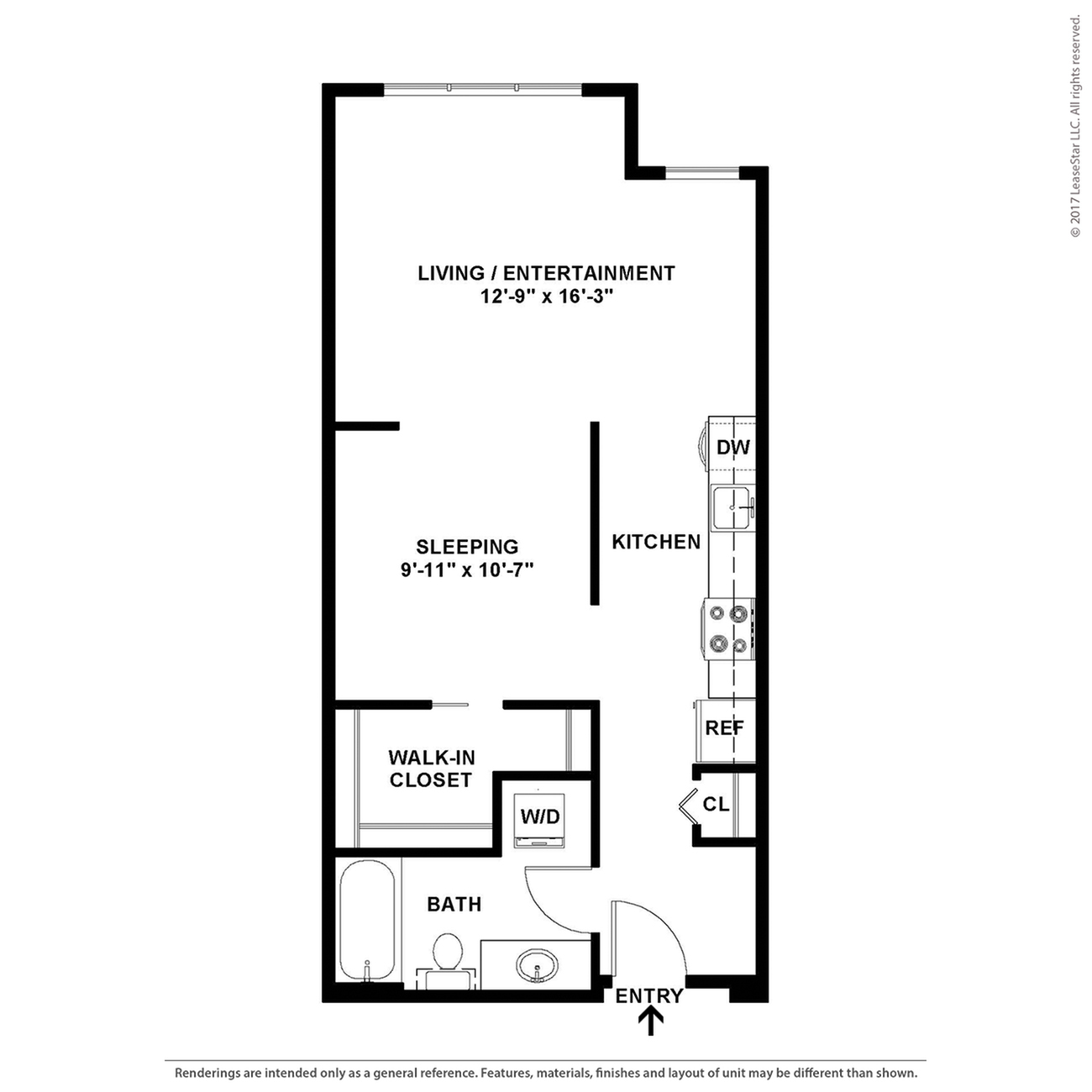 Modern floor plan showcasing an open-concept living and entertainment area with a dedicated sleeping space, kitchen, and walk-in closet, perfect for stylish urban living.