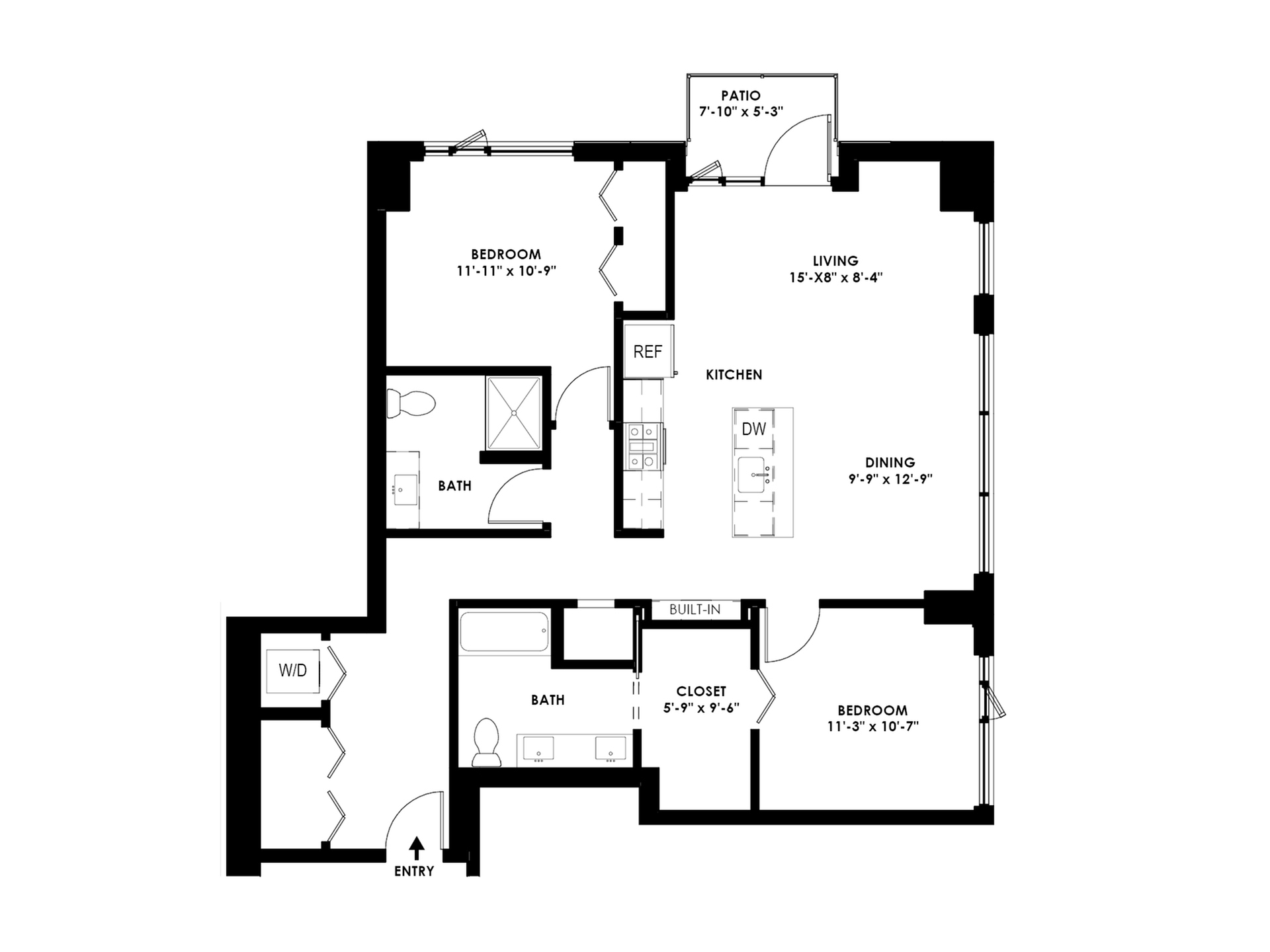 Contemporary floor plan featuring 2 spacious bedrooms, open living and dining area, modern kitchen, and a cozy patio.