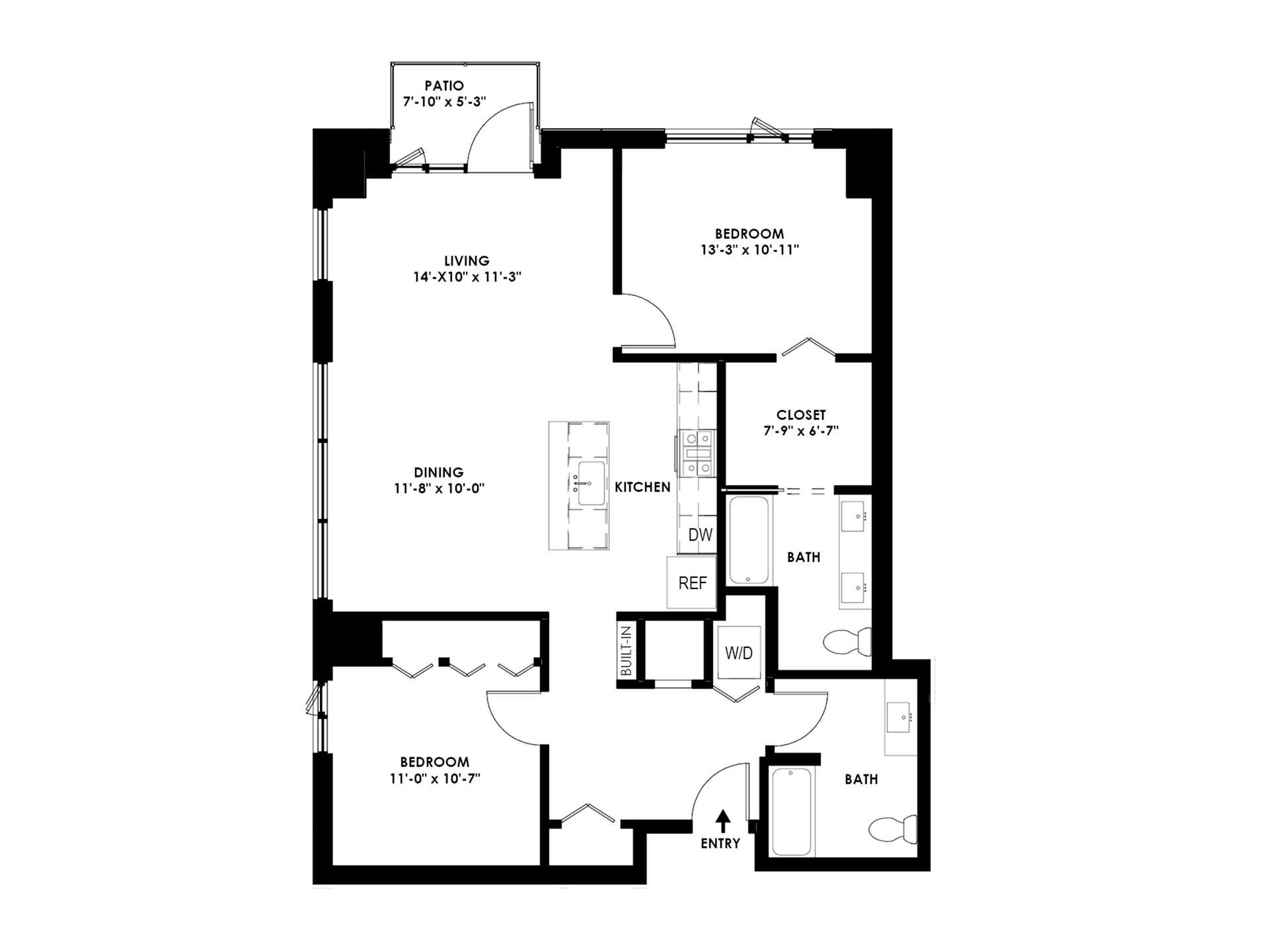 Modern apartment floor plan showcasing 2 bedrooms, open living and dining area, stylish kitchen, 2 bathrooms, and a cozy patio.