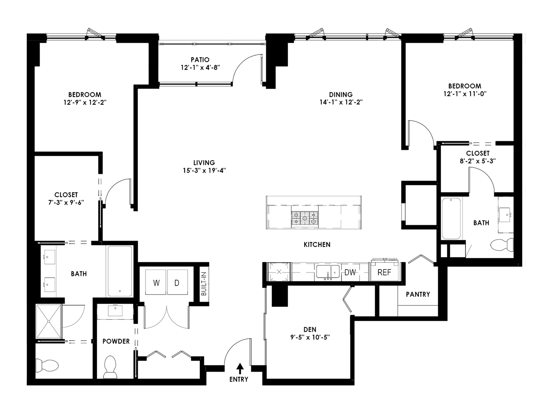 Spacious floor plan showcasing 2 bedrooms, open living area, modern kitchen, and charming patio. Includes den, two bathrooms, and convenient storage solutions.