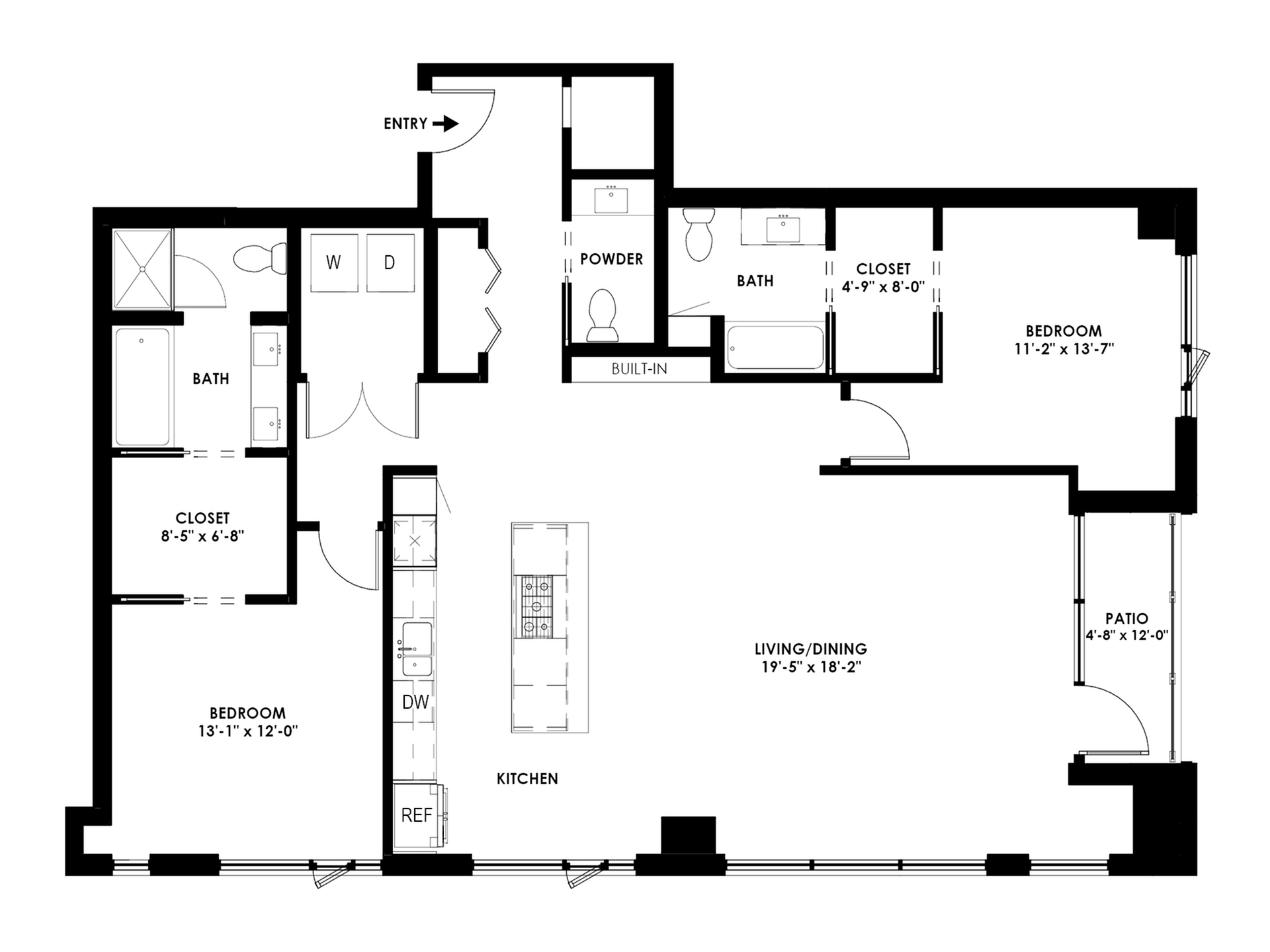 Modern apartment floor plan featuring 2 spacious bedrooms, 2 baths, open kitchen with island, and expansive living/dining area connected to patio.