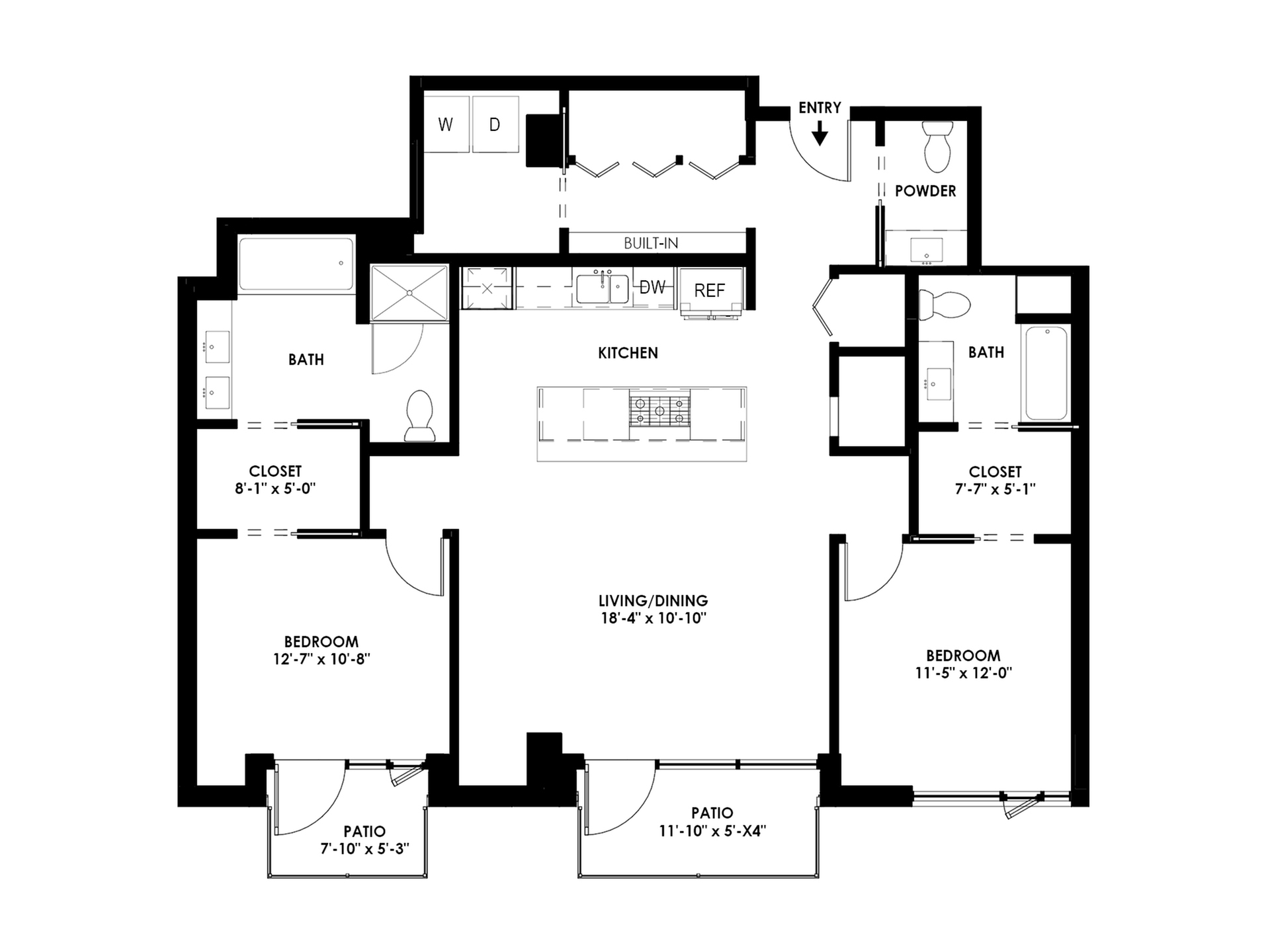 Modern apartment floor plan showcasing 2 bedrooms, expansive living/dining area, kitchen with island, and dual patios.