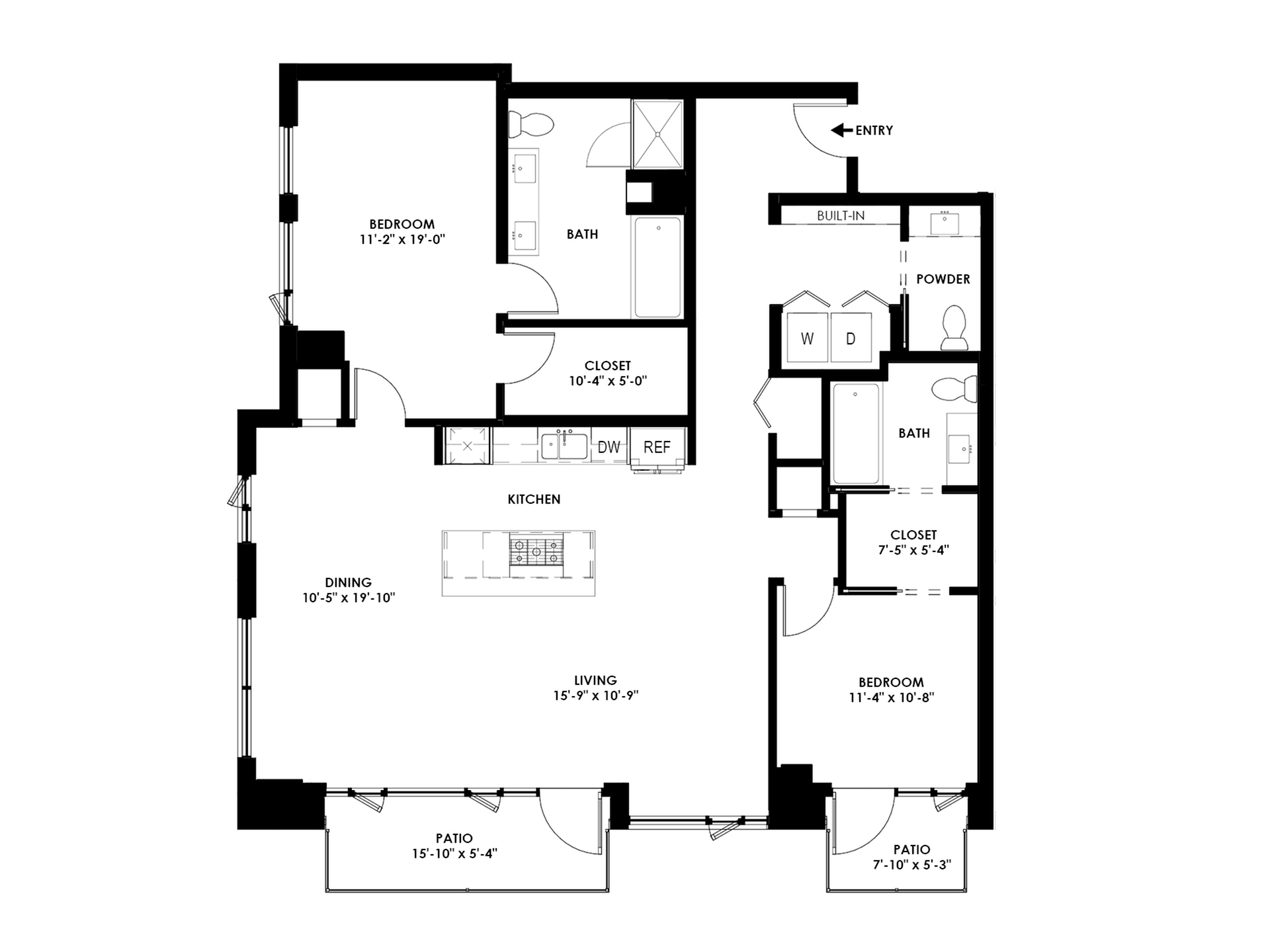 Elegant floor plan featuring 2 bedrooms, a modern kitchen, spacious living and dining areas, with two patios for outdoor enjoyment.