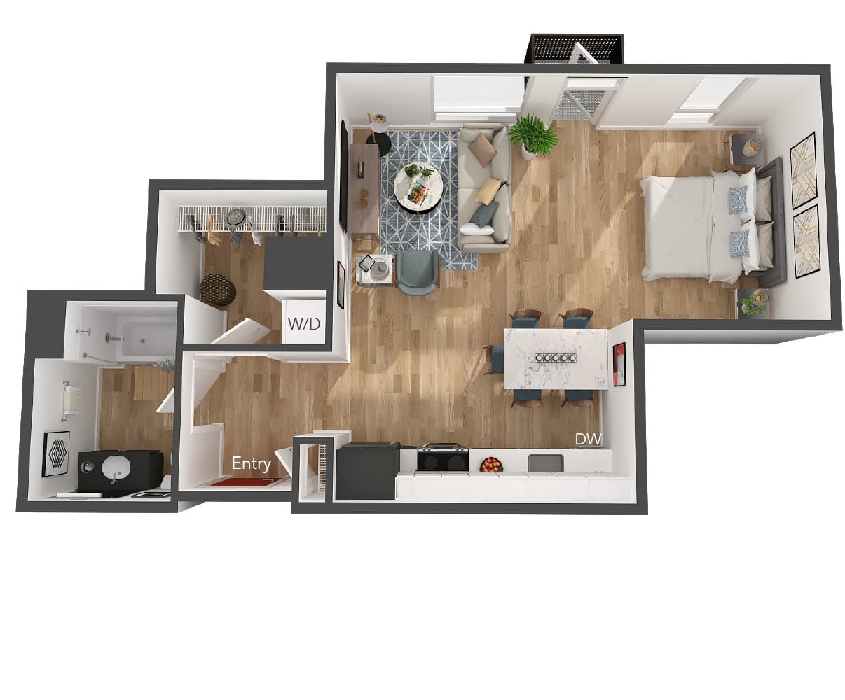 Modern 2D floor plan showcasing a cozy apartment with one bedroom, open-concept living and dining area, sleek kitchen, and stylish bathroom.