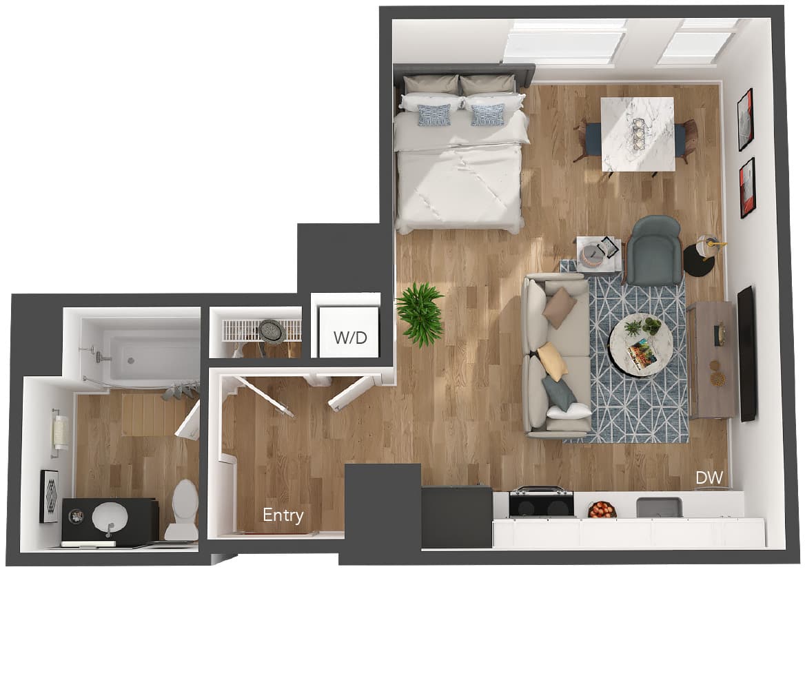 Modern open-concept studio apartment with stylish bedroom, cozy living area, compact kitchen, and elegant bathroom. Features convenient entry and in-unit washer/dryer.