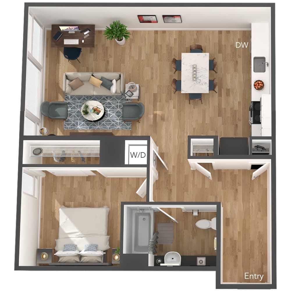 Modern 3D floor plan showcasing a spacious one-bedroom apartment with an open-concept living and dining area, stylish kitchen, and cozy workspace.