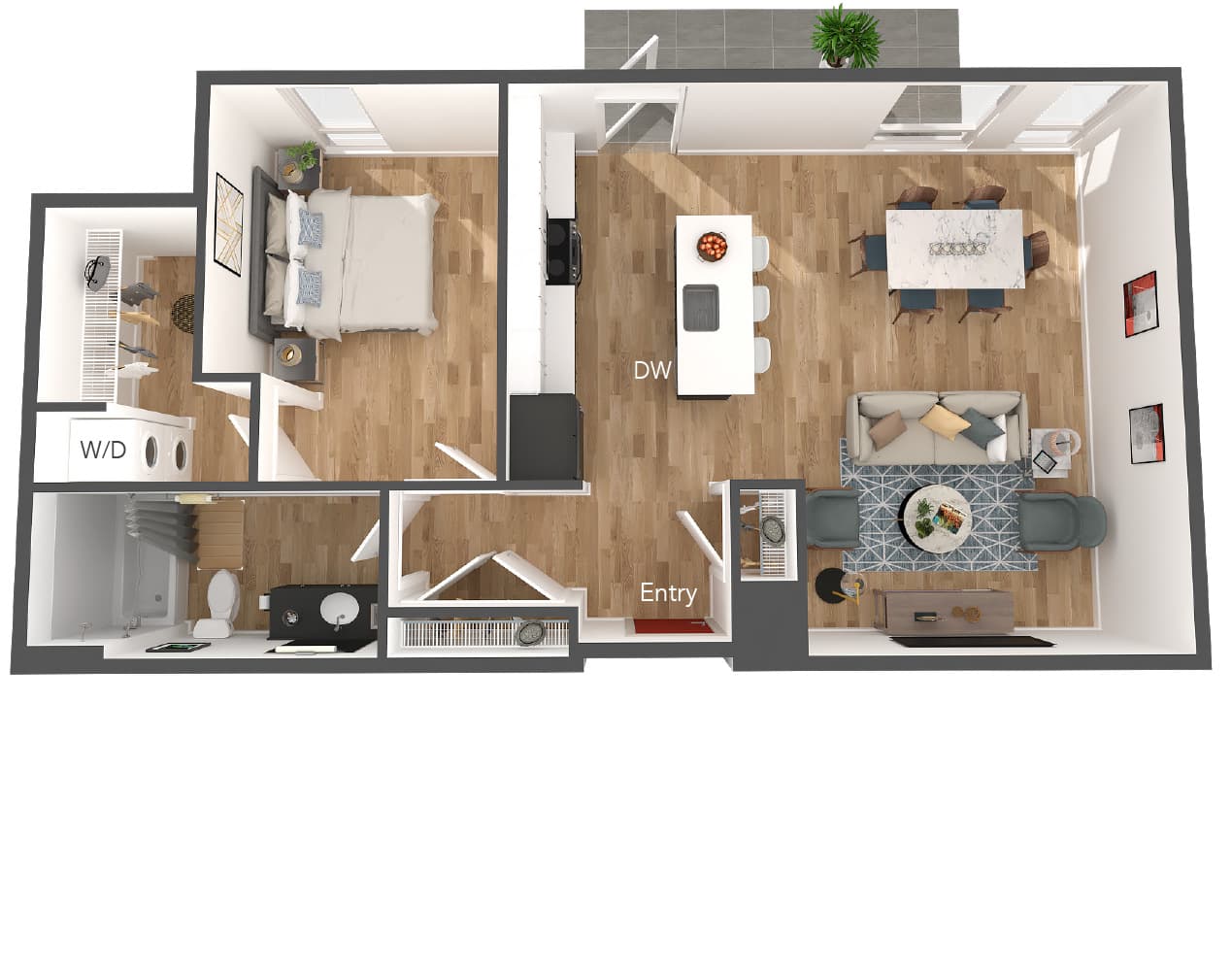 Modern apartment floor plan showcasing a spacious bedroom, chic open-concept living and dining area, and fully equipped kitchen with island.