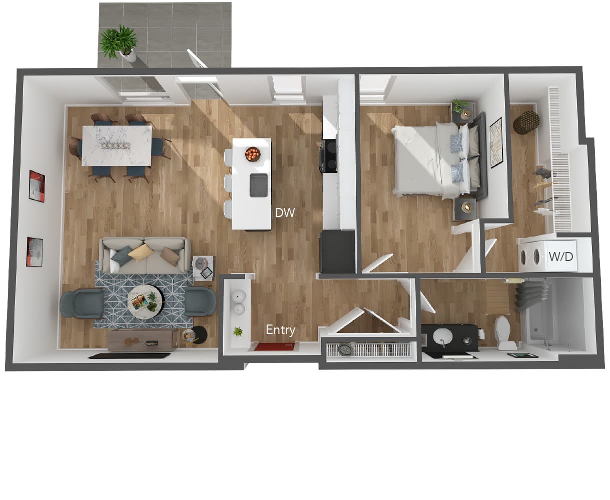 Modern 3D floor plan showcasing an airy one-bedroom apartment featuring an open-concept living area with kitchen, stylish dining space, and laundry facilities.