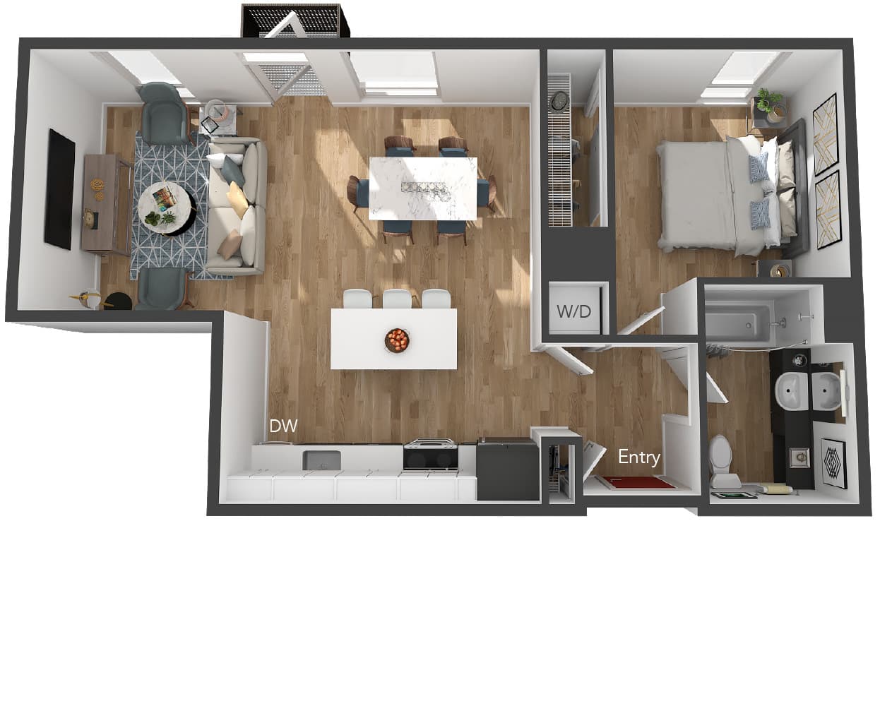 Modern floor plan with one bedroom, cozy living room, sleek kitchen with island, and spacious bathroom.