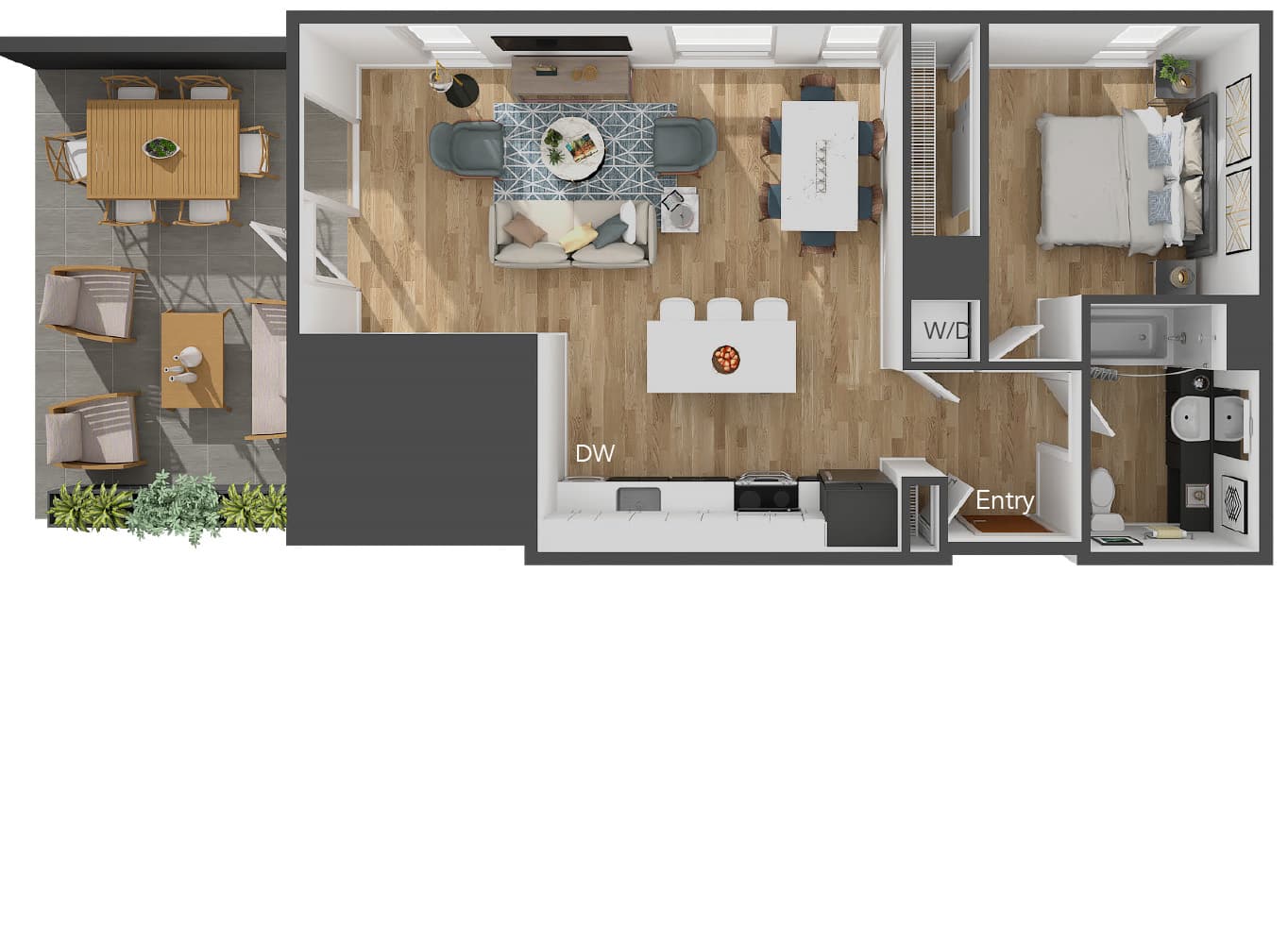 Modern apartment floor plan showcasing one bedroom, open-concept living area, sleek kitchen with dining island, and spacious balcony for outdoor enjoyment.