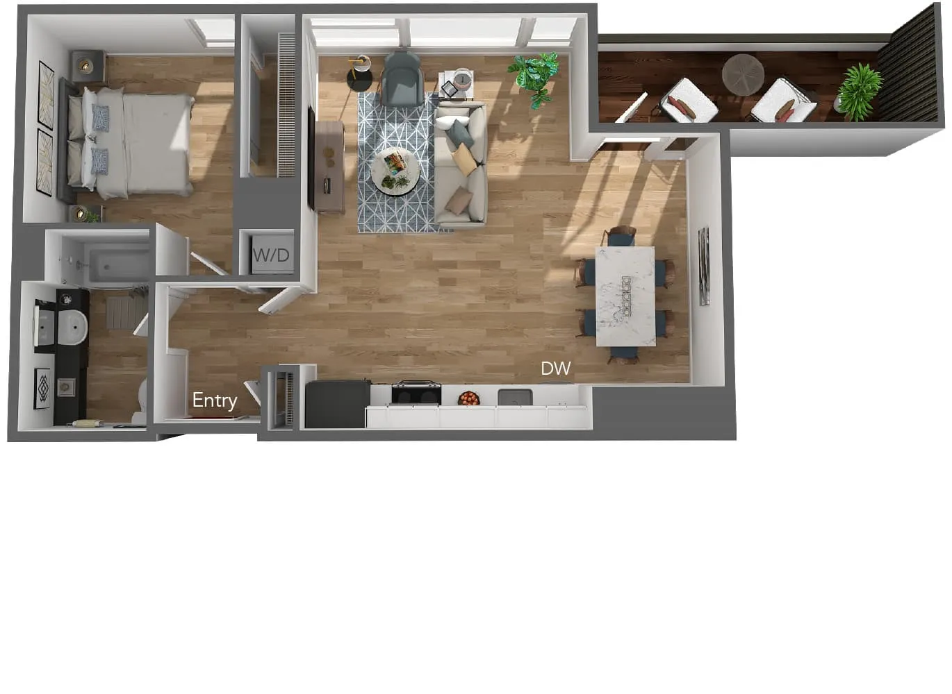 Elegant 3D floor plan showcasing a modern one-bedroom apartment with open-concept living and dining area, stylish kitchen, and cozy balcony.