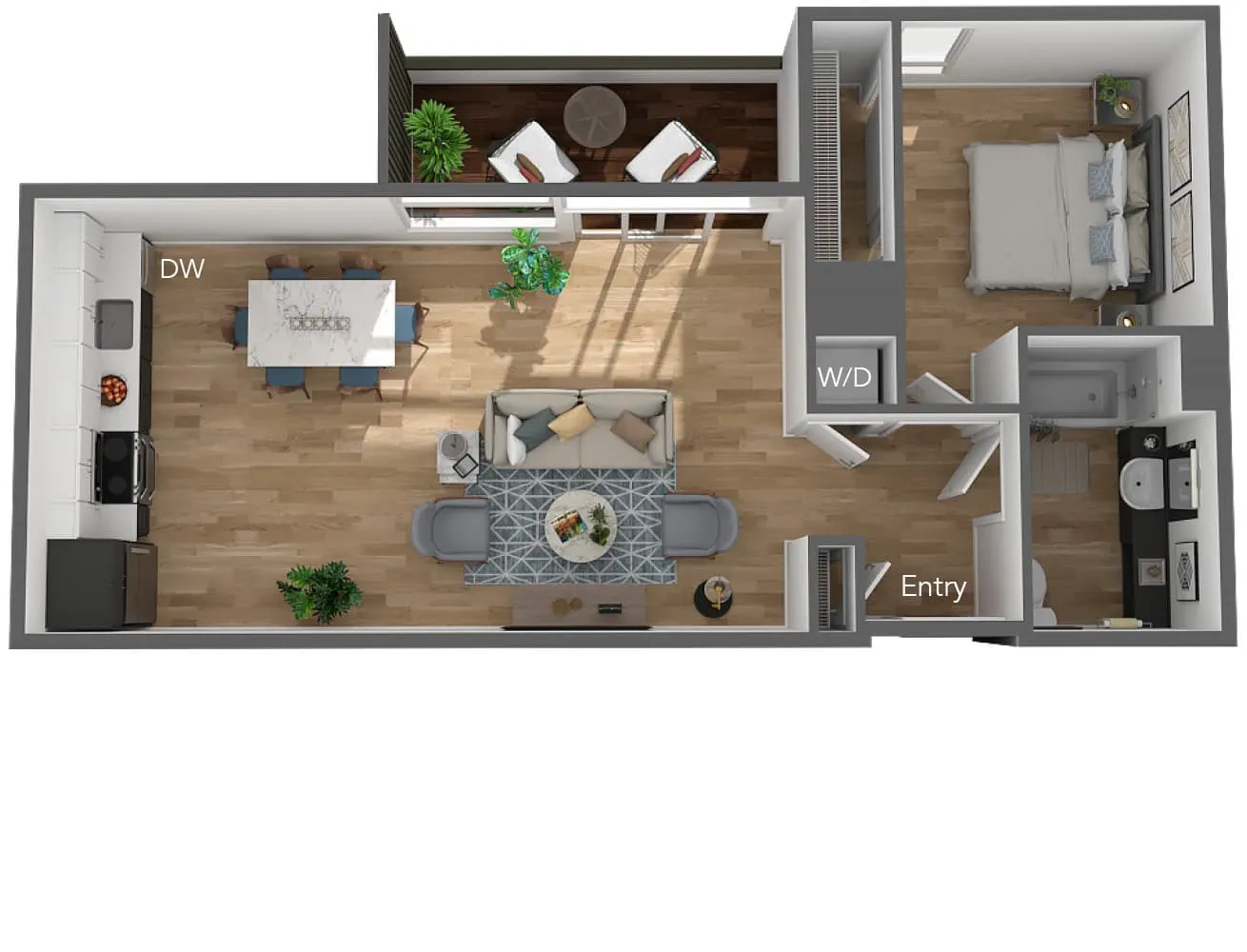 Chic one-bedroom apartment floor plan showcasing an open-concept design with a modern kitchen, cozy living area, and elegant private balcony.