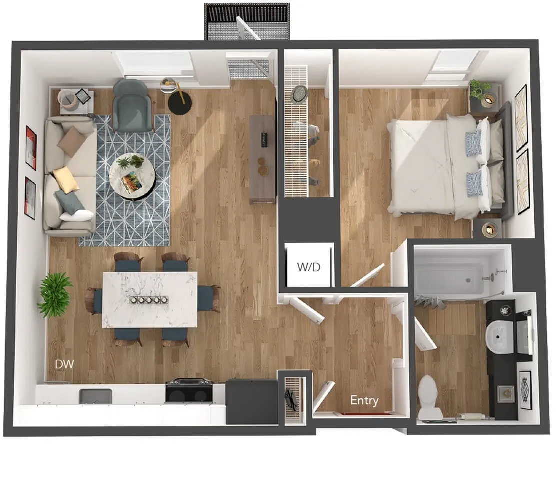Modern 3D floor plan showcasing a cozy 1-bedroom apartment with an open-concept living and dining area, sleek kitchen, and stylish bathroom.