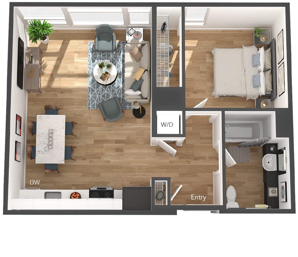 Modern 1-bedroom apartment floor plan featuring an open-concept living and dining area, stylish kitchen, and luxurious bathroom. Enjoy natural light and elegant hardwood flooring throughout.