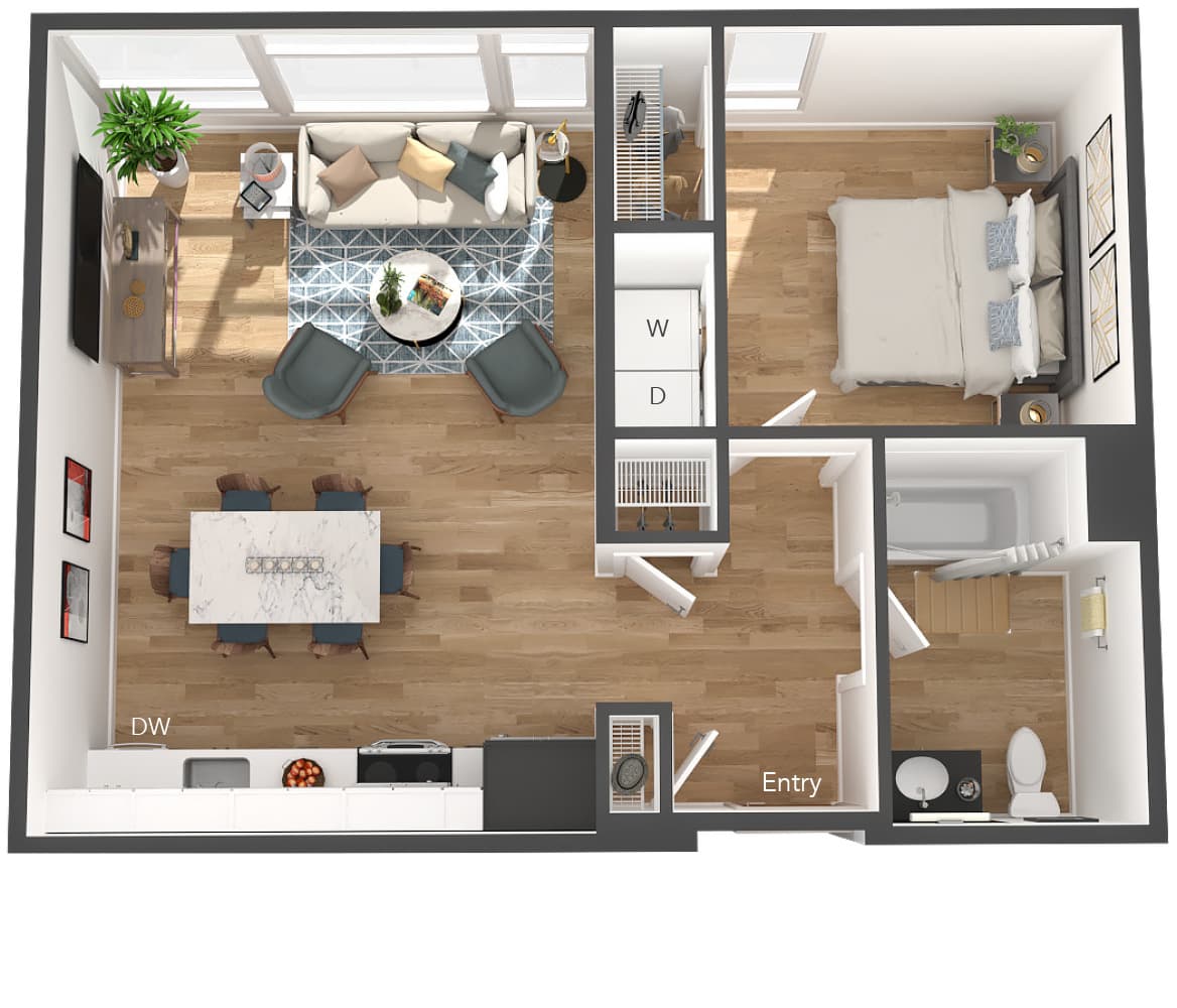 Chic floor plan with one bedroom, cozy living area, modern kitchen, elegant dining space, and convenient bathroom layout.