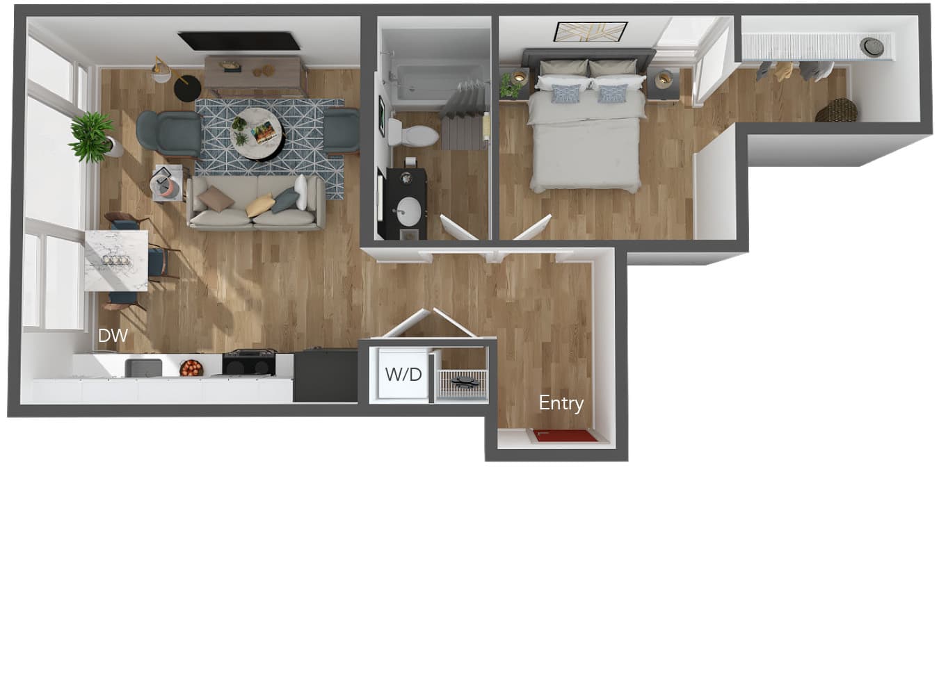 Chic and modern floor plan featuring one bedroom, stylish living area, and cozy kitchen with open layout.
