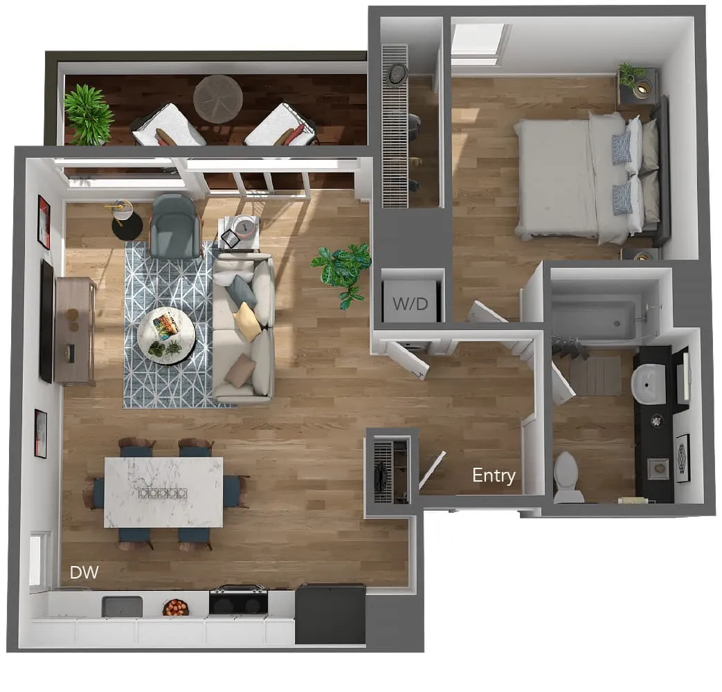 Modern 1-bedroom apartment floor plan showcasing open-concept living and dining area with a private balcony, stylish kitchen, and convenient washer/dryer.
