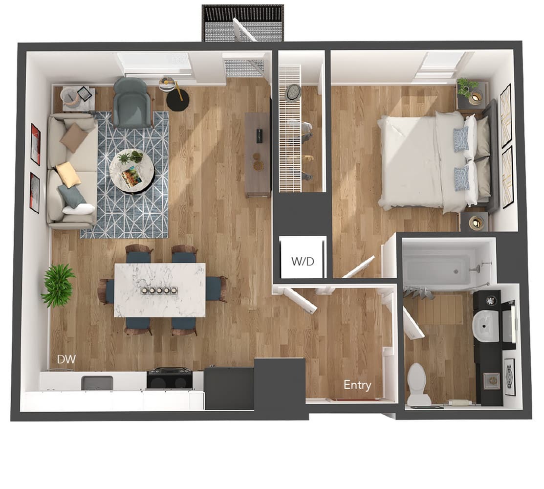 Chic open-concept floor plan featuring one bedroom, stylish living area, modern kitchen, and elegant bathroom with wood flooring.
