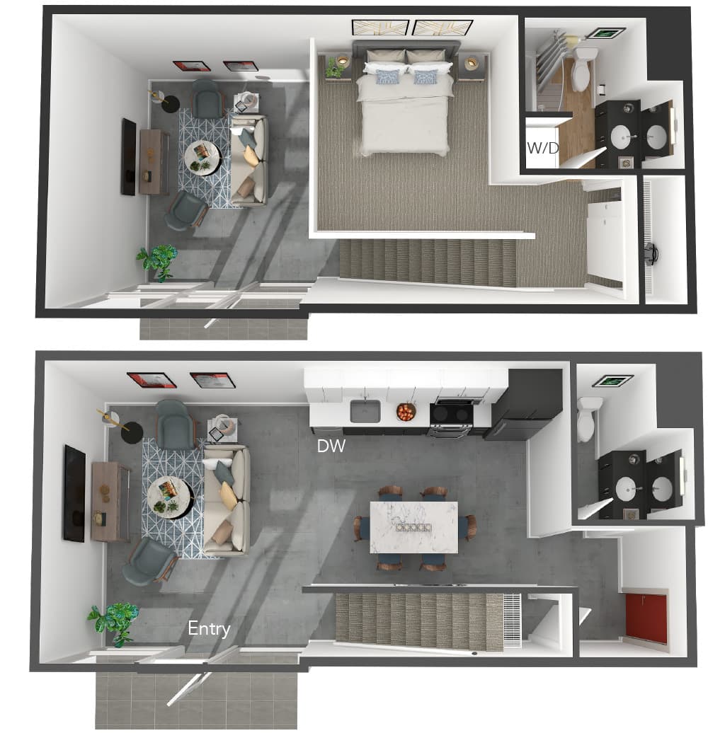 Modern duplex floor plan featuring a spacious open-concept kitchen and living area on the first floor, and a cozy bedroom with an ensuite bathroom on the second floor. Perfect for contemporary living.