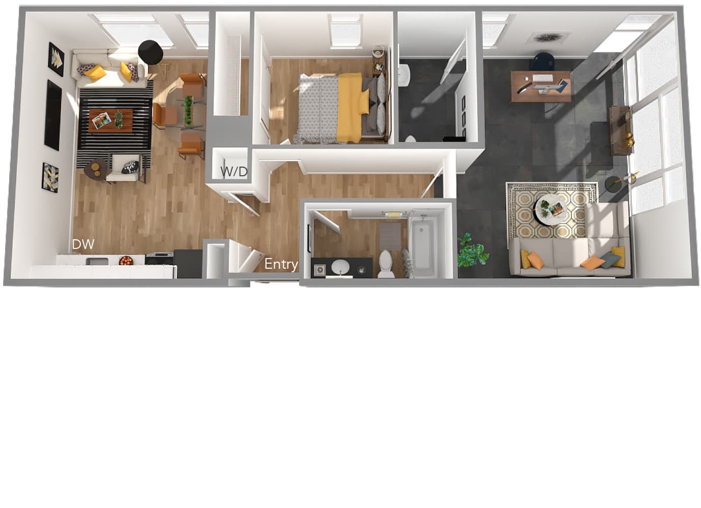 Modern floor plan showcasing a cozy 1-bedroom apartment with an inviting living area, sleek kitchen, and a dedicated workspace.