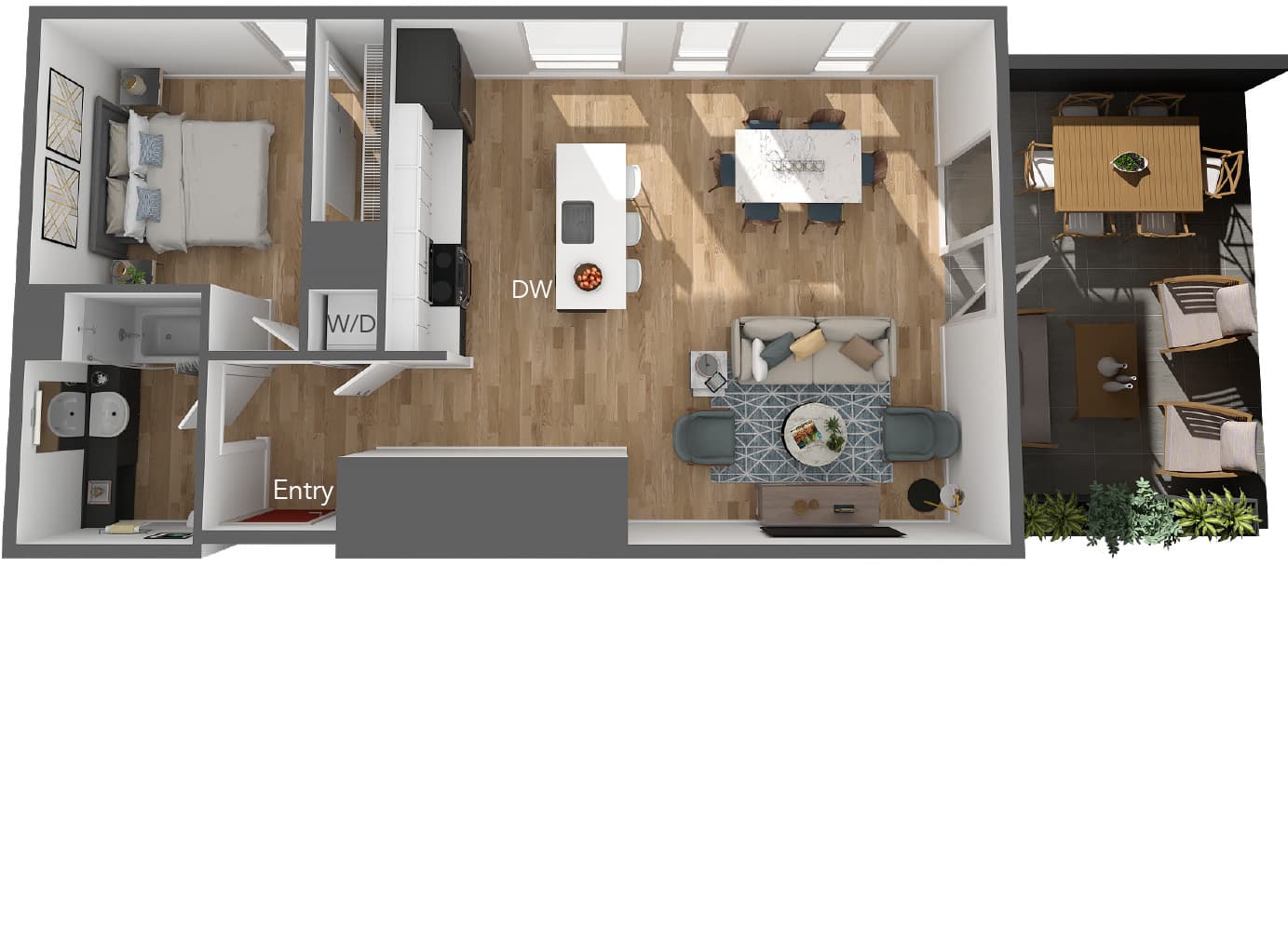 Modern 3D floor plan showcasing a single bedroom, open-concept living and dining area, sleek kitchen with island, and stylish outdoor patio.