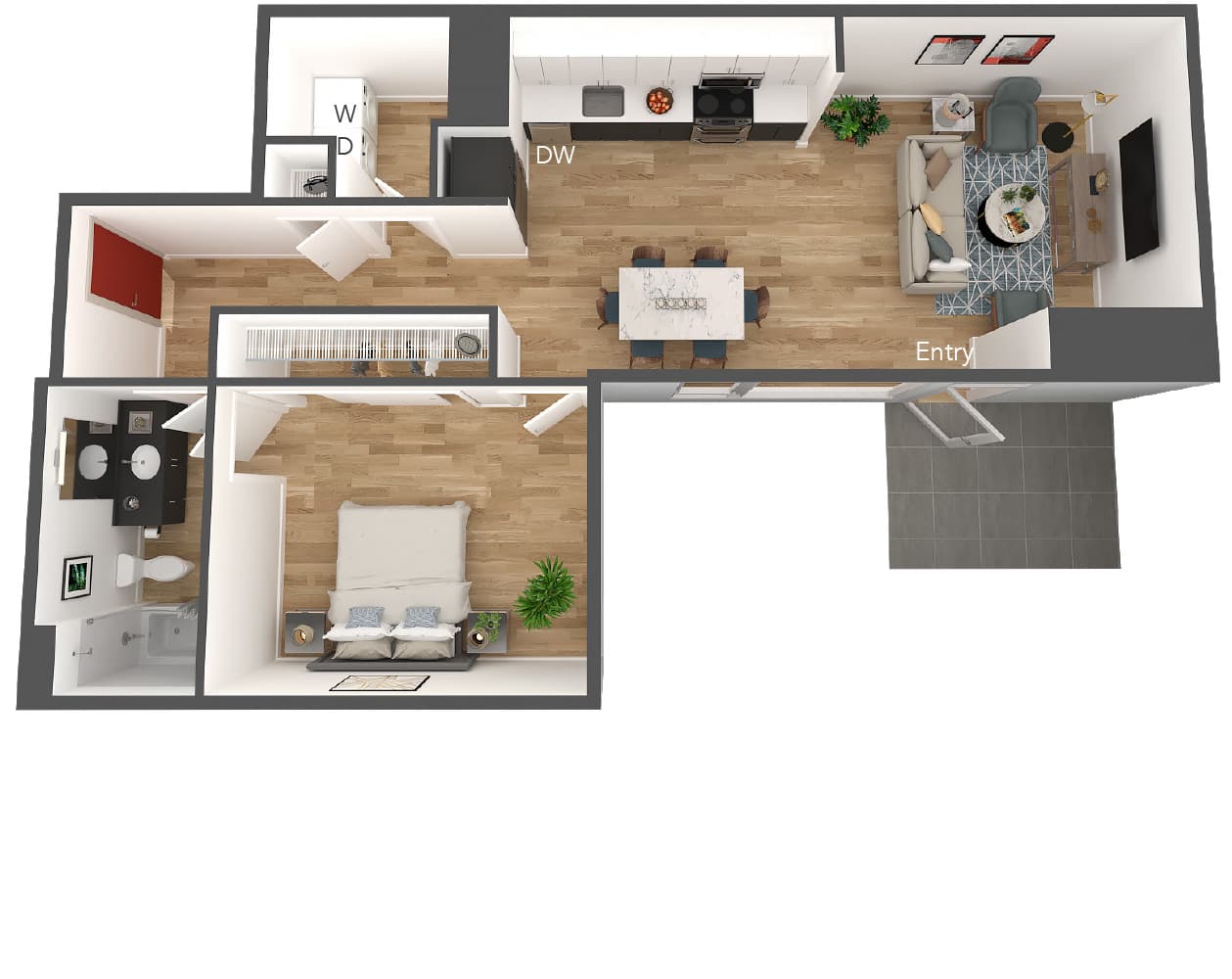 Modern 3D floor plan showcasing a sleek one-bedroom layout with open kitchen, cozy living room, and stylish bathroom.