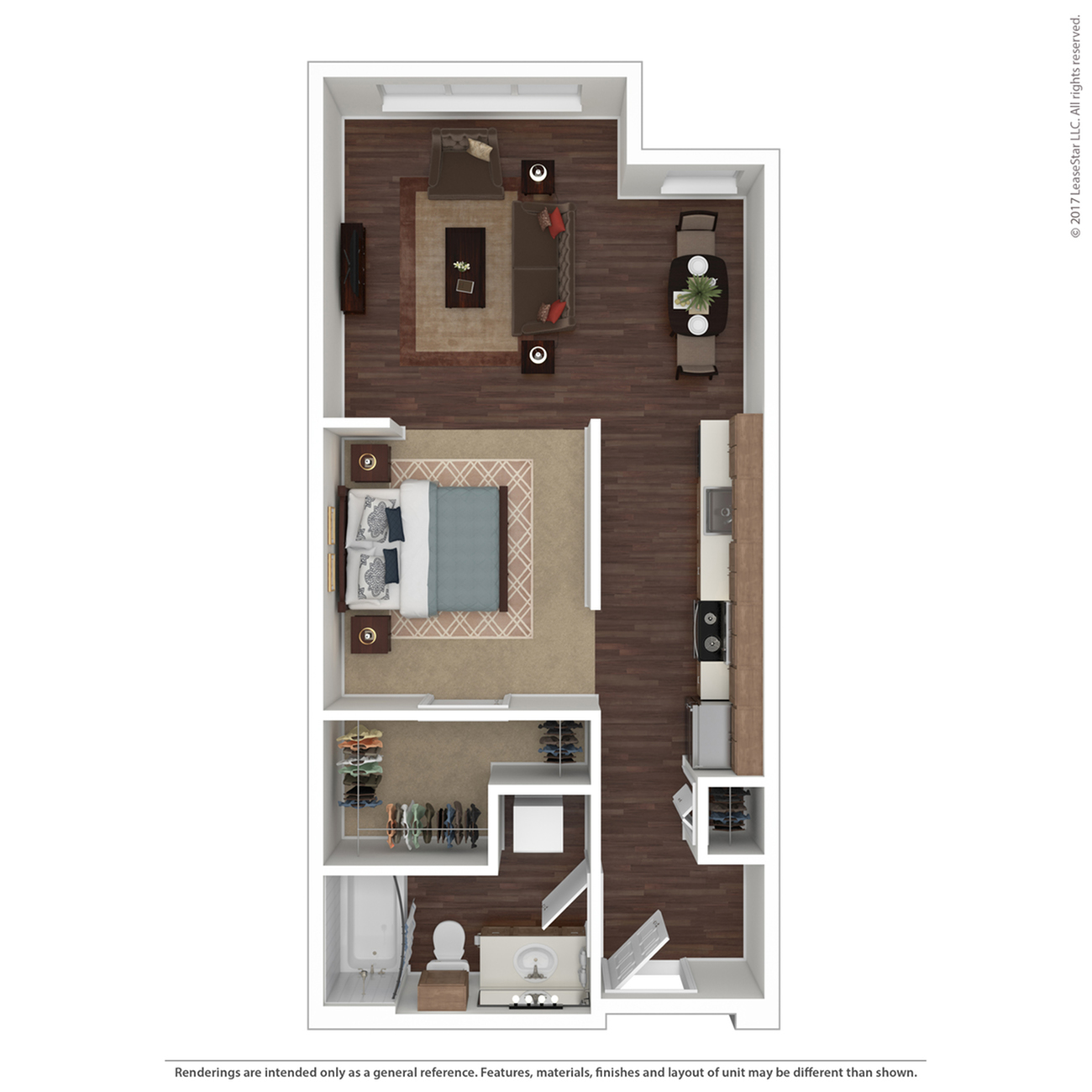 Modern 2D floor plan showcasing a cozy one-bedroom apartment with a spacious living area, elegant kitchen, and well-appointed bathroom.