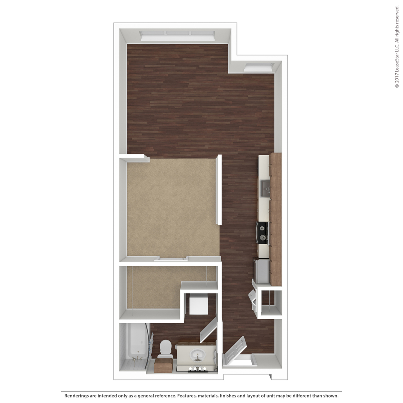 Modern 1-bedroom apartment floor plan highlighting sleek kitchen and open-concept living space with elegant wood flooring.