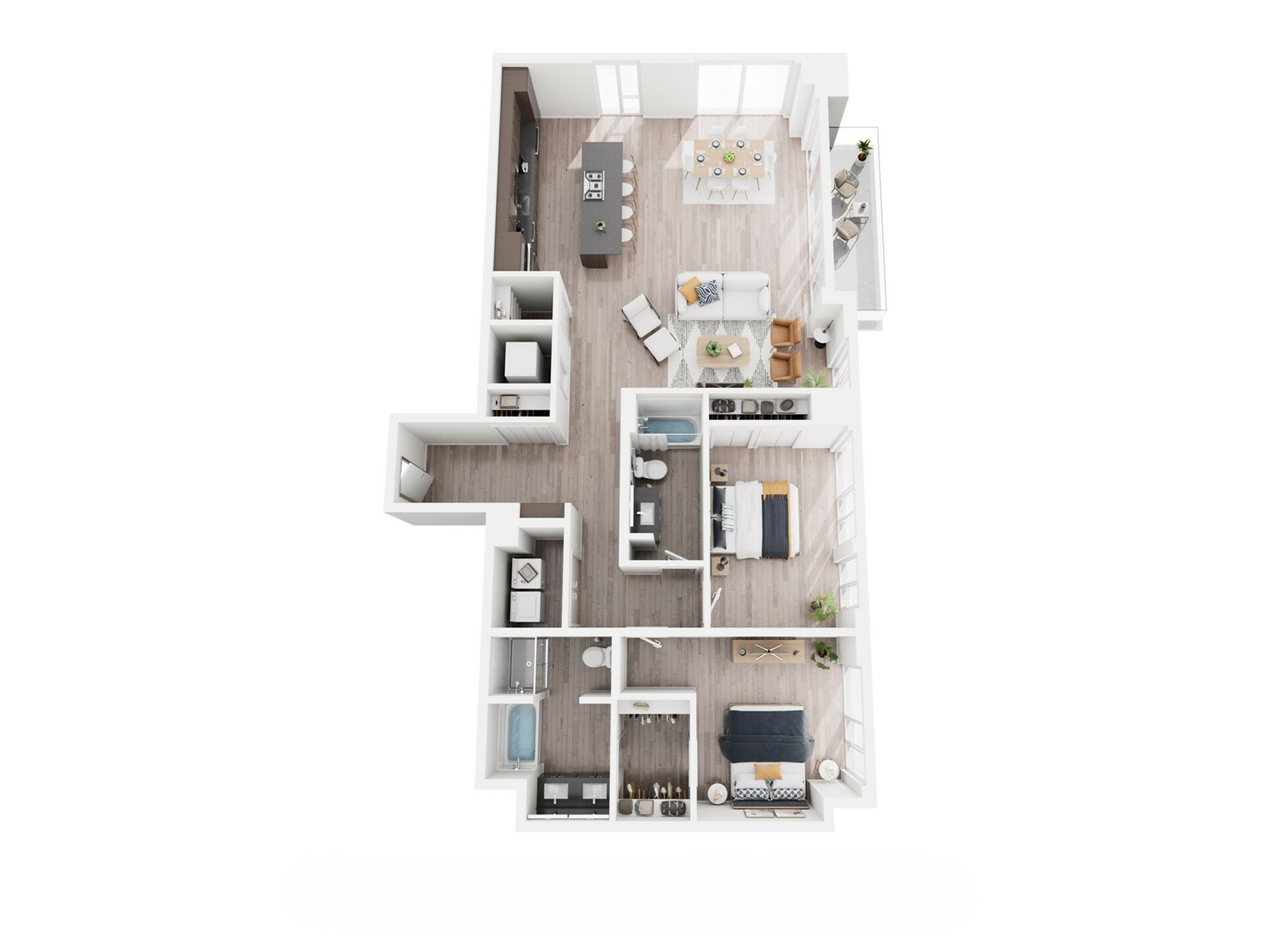Elegant 3D floor plan featuring 3 bedrooms, an open living-dining area, modern kitchen, and spacious balcony with abundant natural light.