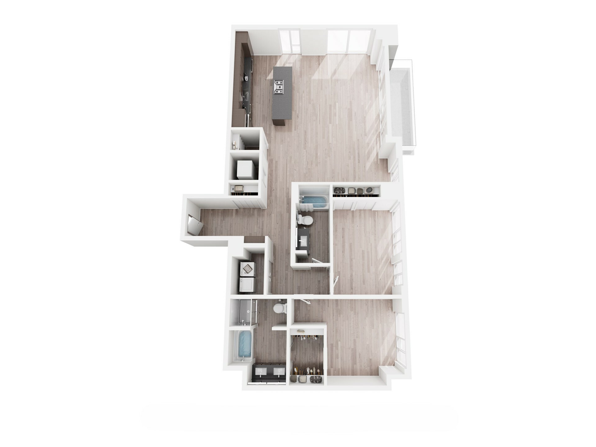 Modern apartment floor plan featuring an open-concept kitchen with island, spacious living area, two cozy bedrooms, and two sleek bathrooms with ample storage.