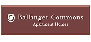 Stylish sign for Ballinger Commons Apartment Homes, set against a rich brown background.