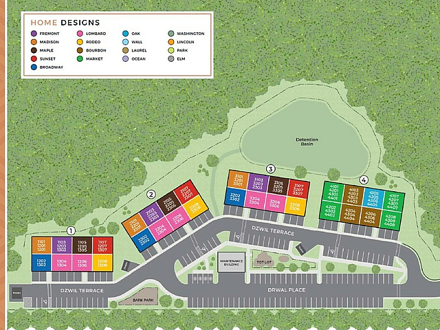 Colorful layout plan showcasing diverse home designs, surrounded by lush greenery and a central detention basin, featuring ample parking and community amenities on Dzwili Terrace.