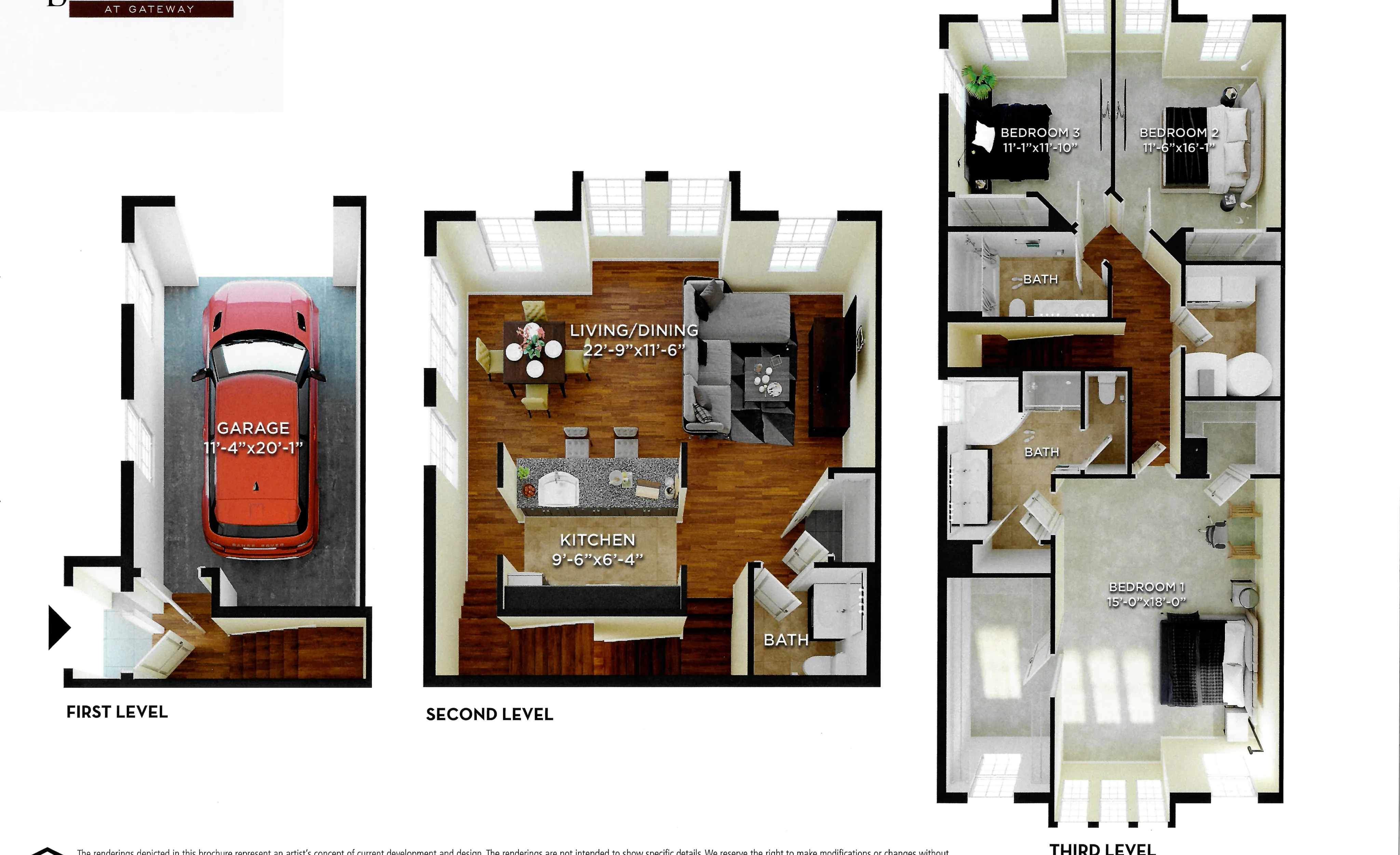 Elegant 3D floor plan showcasing a three-story design with a garage, spacious living/dining area, modern kitchen, and three bedrooms. The first level features a convenient garage, the second level offers an open-concept living/dining room and stylish kitchen with bar seating, while the third level includes three comfortable bedrooms with ample lighting.