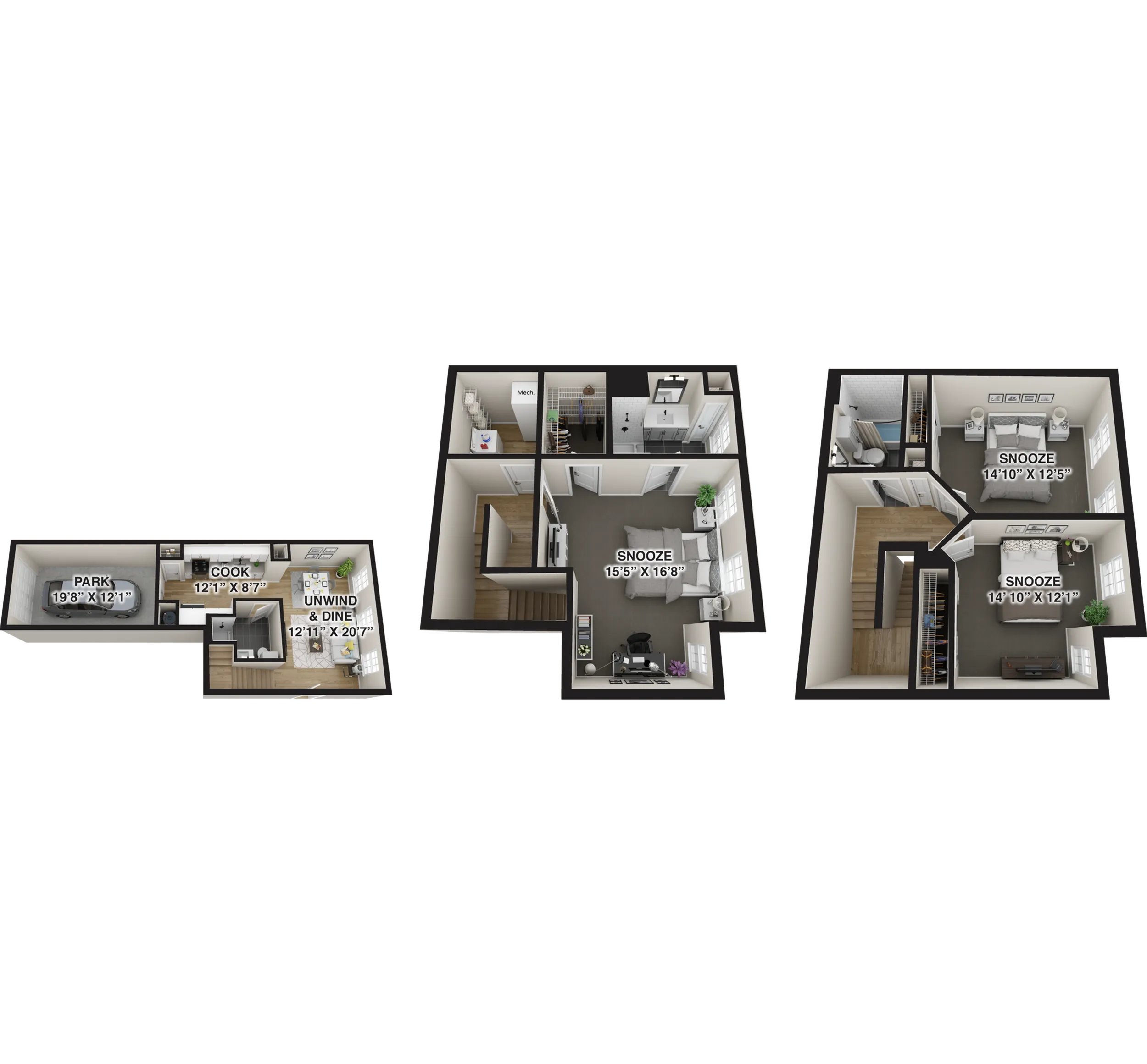 Intricate 3D floor plan with three snooze rooms, a dine and unwind area, and a modern kitchen.