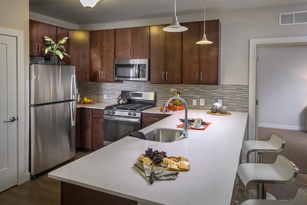 Modern kitchen with sleek stainless steel appliances, stylish wooden cabinets, and a spacious white countertop perfect for entertaining.