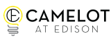 Modern logo featuring an innovative lightbulb design representing Camelot at Edison, blending creativity and sophistication.