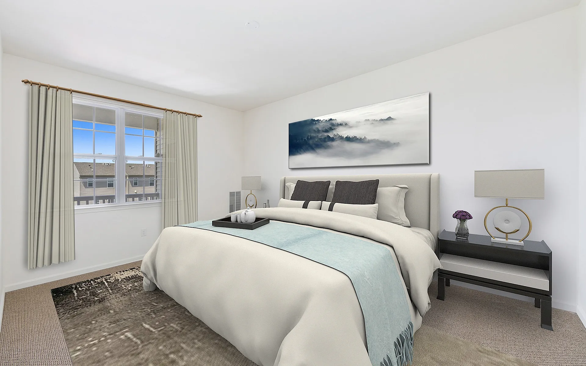 Elegant bedroom with tranquil decor, large window, and cozy bedding creating a serene atmosphere.