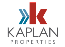 Modern Kaplan Properties logo featuring bold red and blue geometric design elements.