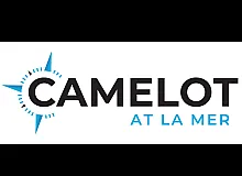 Modern logo design for Camelot at La Mer featuring a blue compass element, reflecting a coastal and adventurous lifestyle.