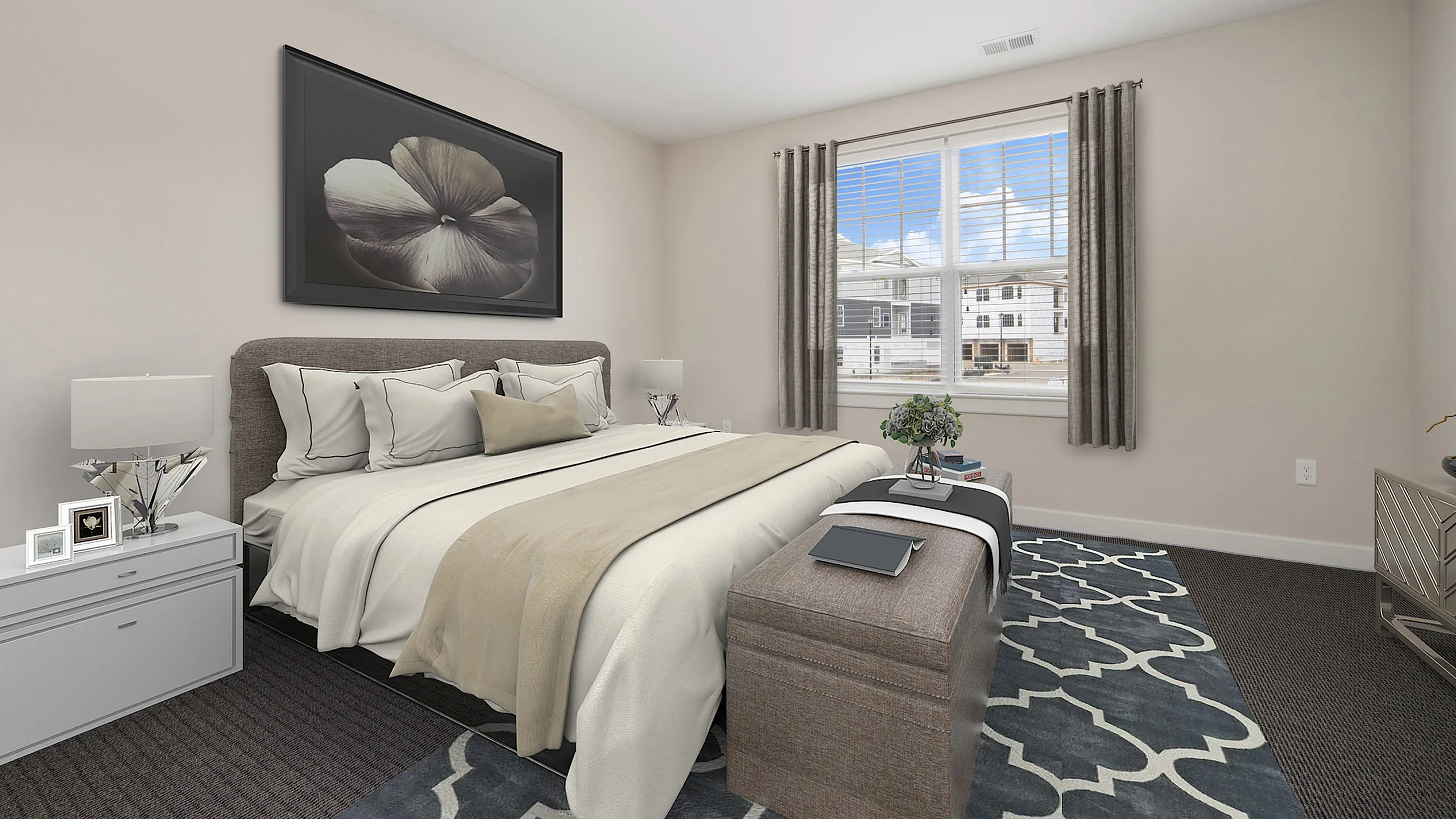Elegant bedroom with a plush bed, stylish decor, and a sunlit window view.