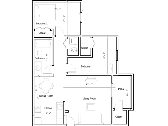 Modern floor plan showcasing 2 spacious bedrooms, an open living room, and a cozy kitchen with dining area. Features include a bathroom, ample closets, and a serene patio.