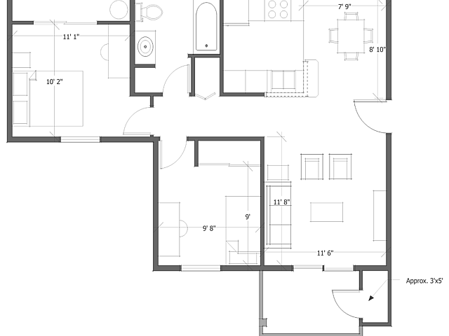 Elegant floor plan showcasing 2 bedrooms, modern kitchen, open living area, and dining space, perfectly designed for comfort and convenience.