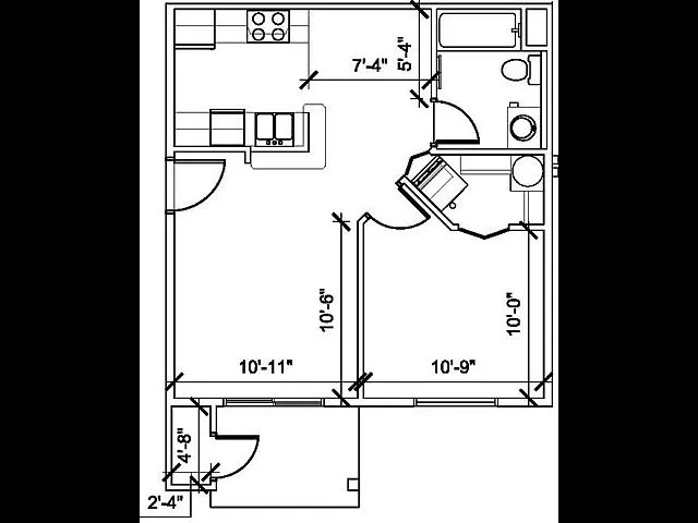 Charming 2D floor plan showcasing a cozy 1-bedroom apartment with an efficient kitchen, inviting living area, and modern bathroom layout.