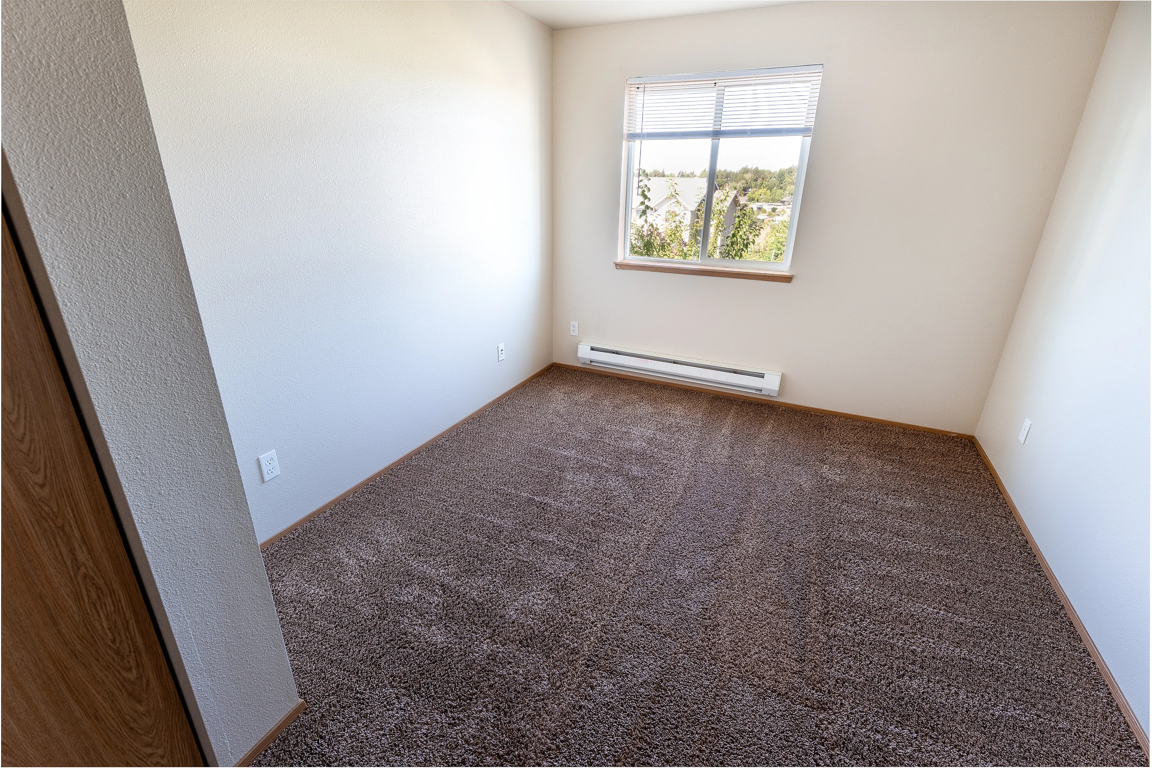 Bright and cozy bedroom with plush carpeting, natural light pouring in from a large window, and scenic views outside.