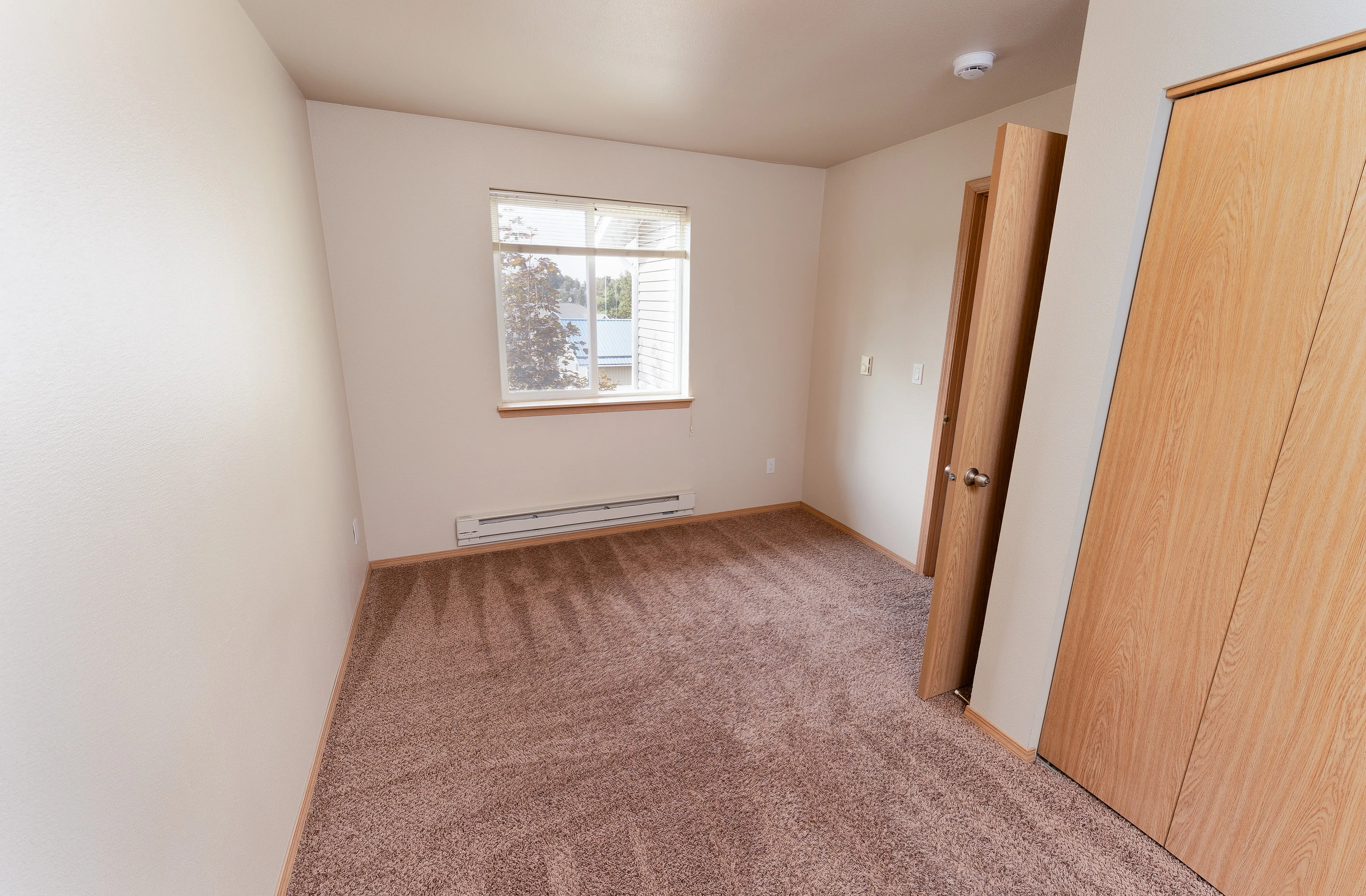 Inviting bedroom with plush carpet, large window offering natural light, and sleek wooden closet doors.