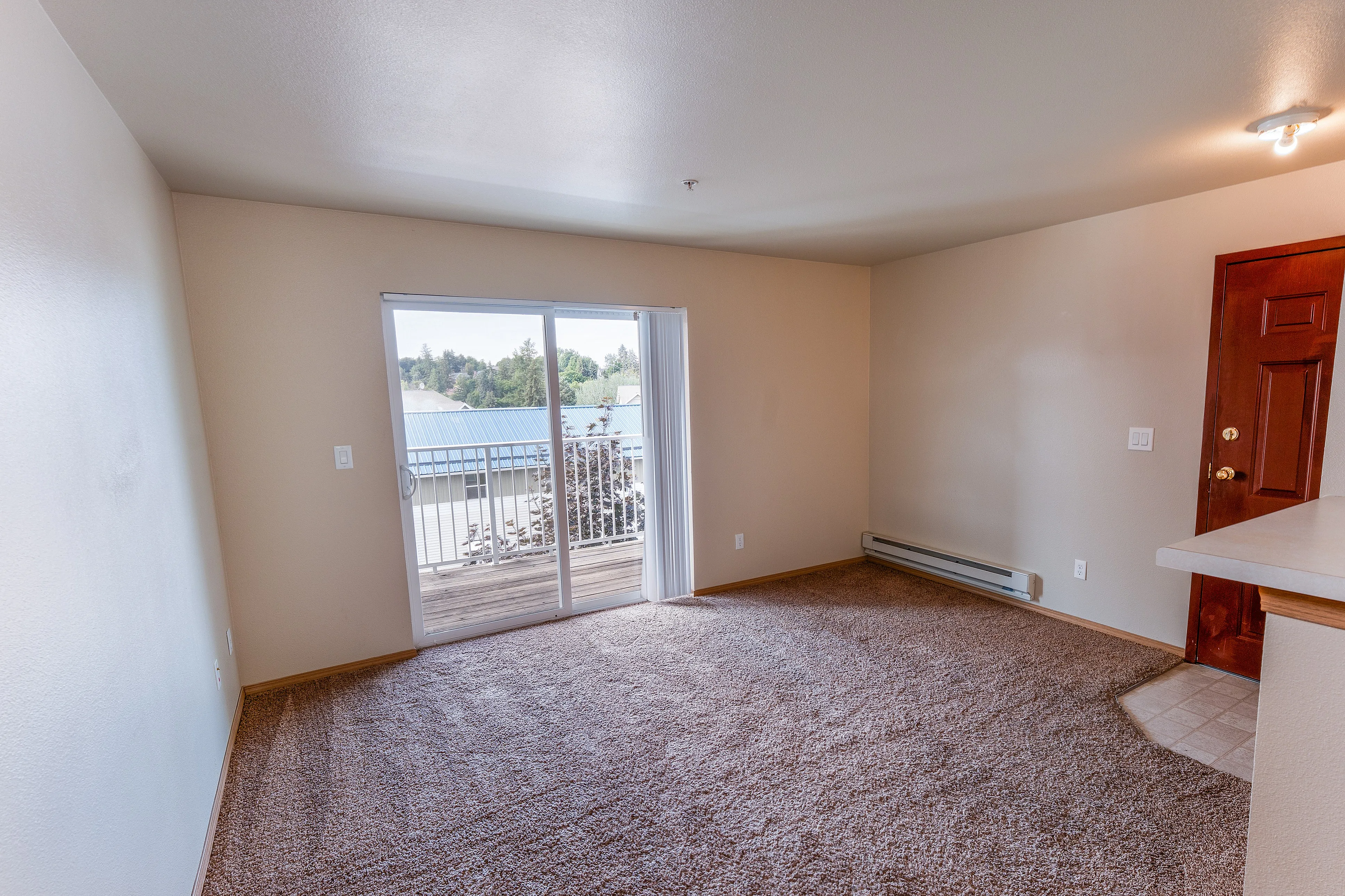 Bright, open living space featuring plush carpeting and access to a private balcony with picturesque views.