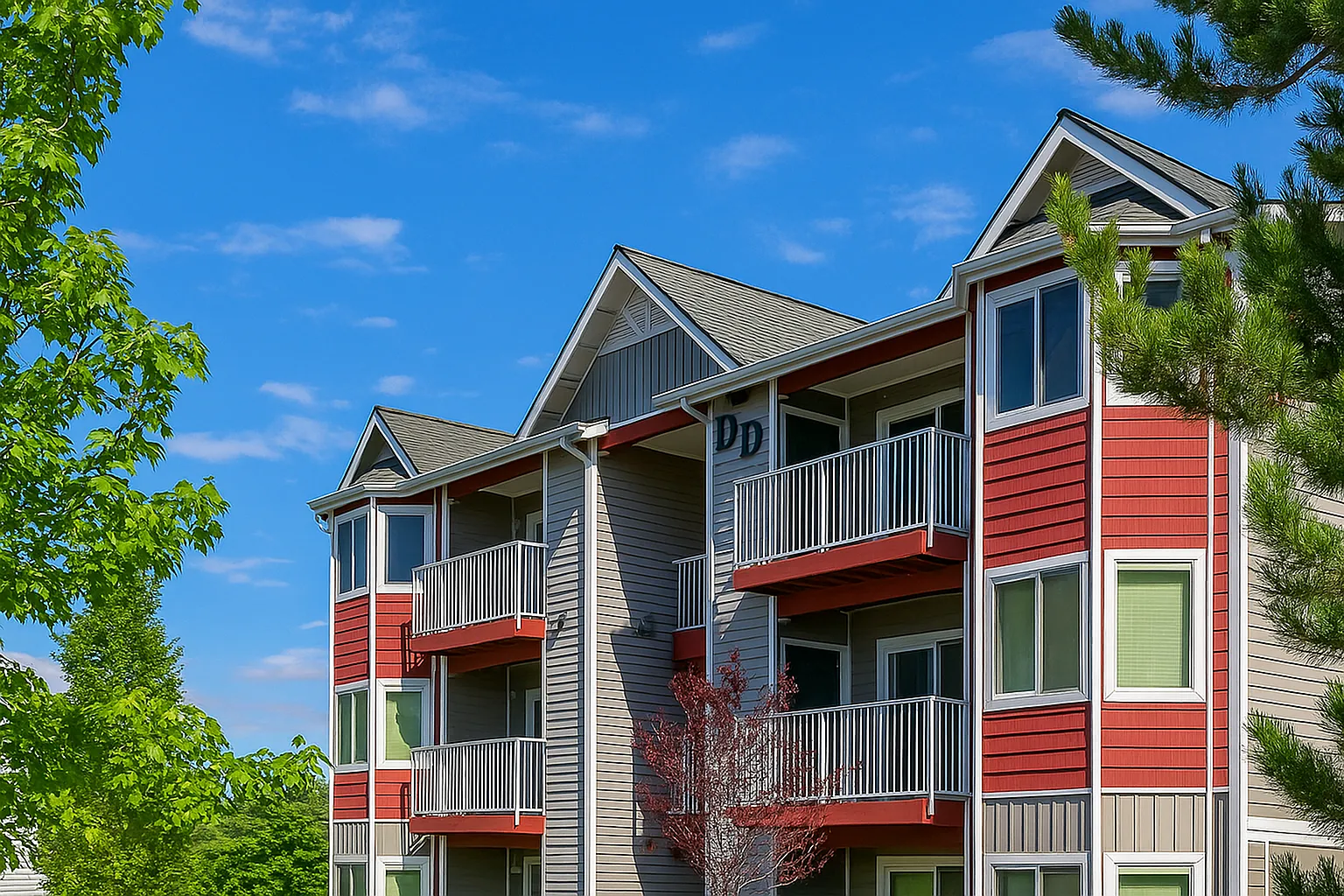 Charming three-story apartment building with vibrant red accents, private balconies, and lush greenery under a clear blue sky.