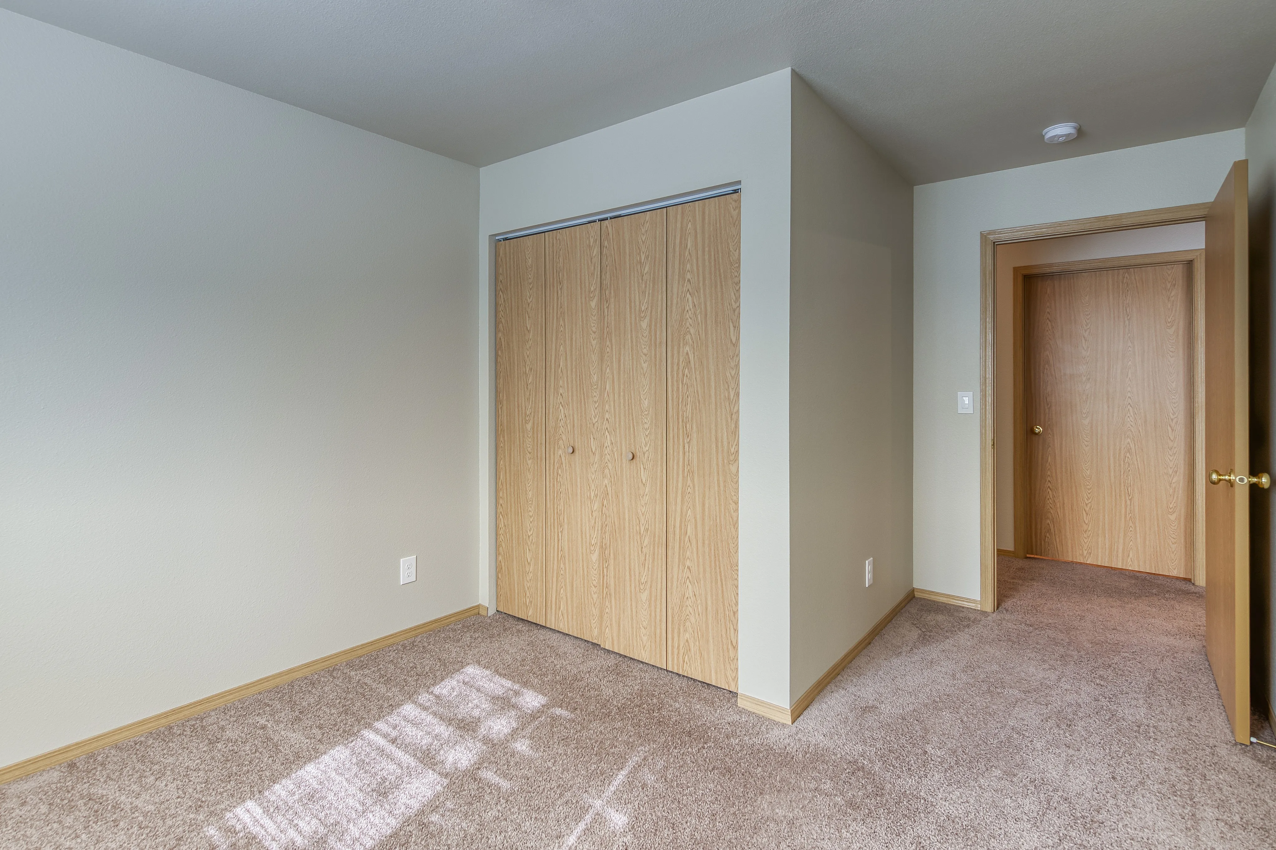 Bright room with soft carpet flooring, a spacious wooden closet, and warm natural light streaming in.